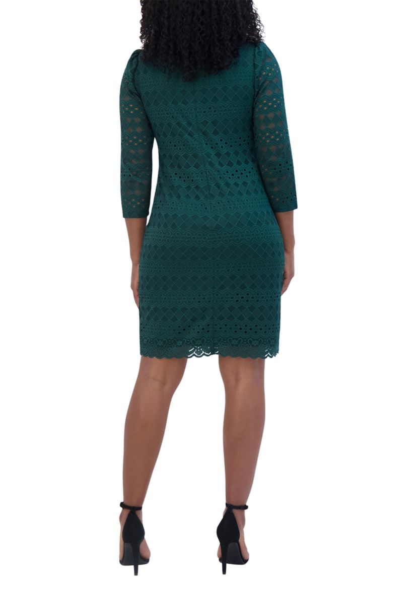 Womens 3/4 Sleeve Round Neck Solid Lace A-Line Dress