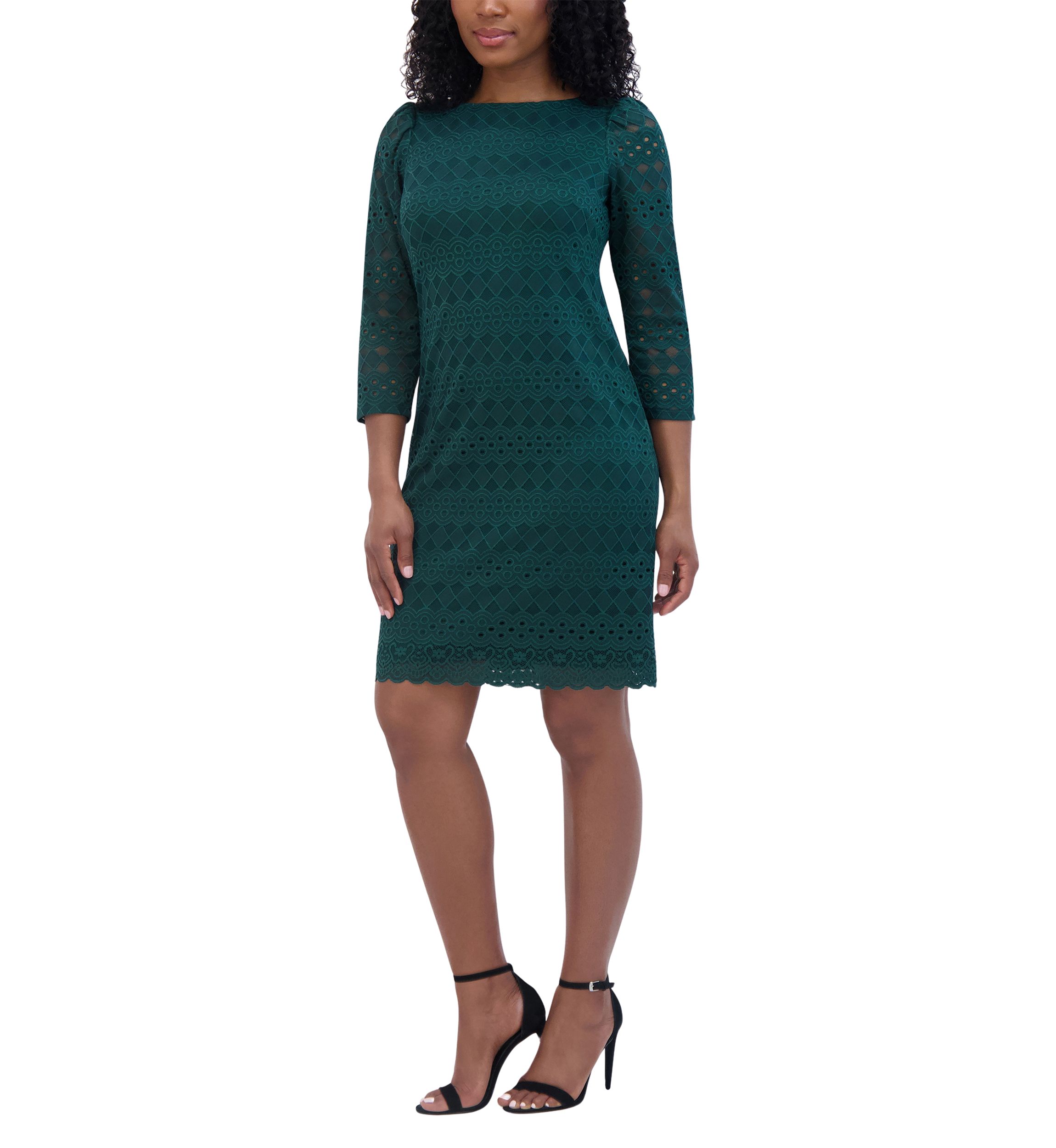 Womens 3/4 Sleeve Round Neck Solid Lace A-Line Dress