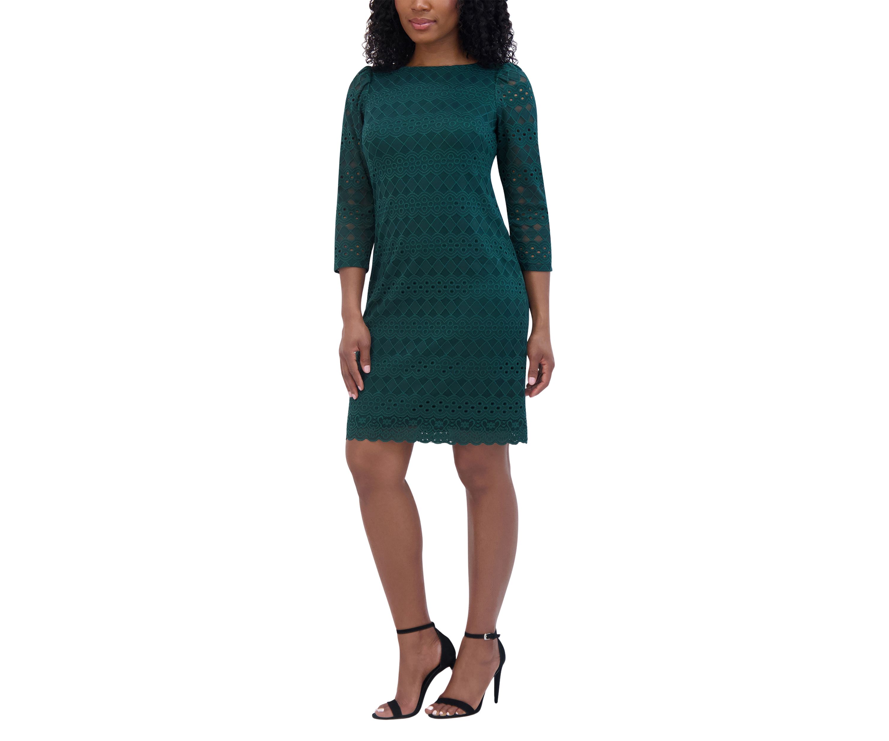 Womens 3/4 Sleeve Round Neck Solid Lace A-Line Dress