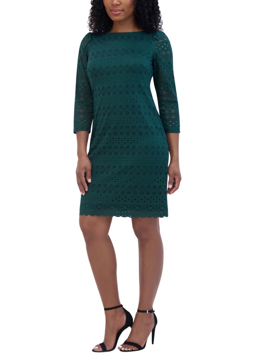 Womens 3/4 Sleeve Round Neck Solid Lace A-Line Dress