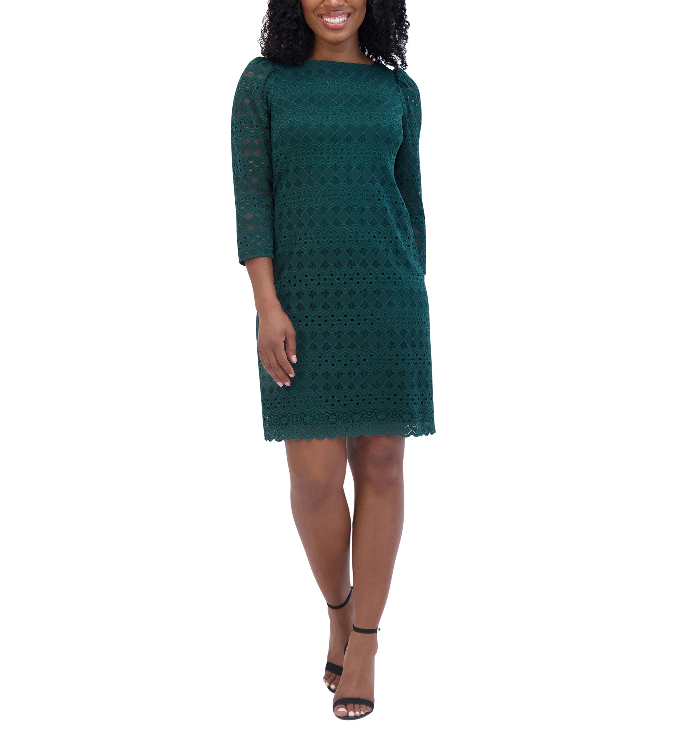 Womens 3/4 Sleeve Round Neck Solid Lace A-Line Dress