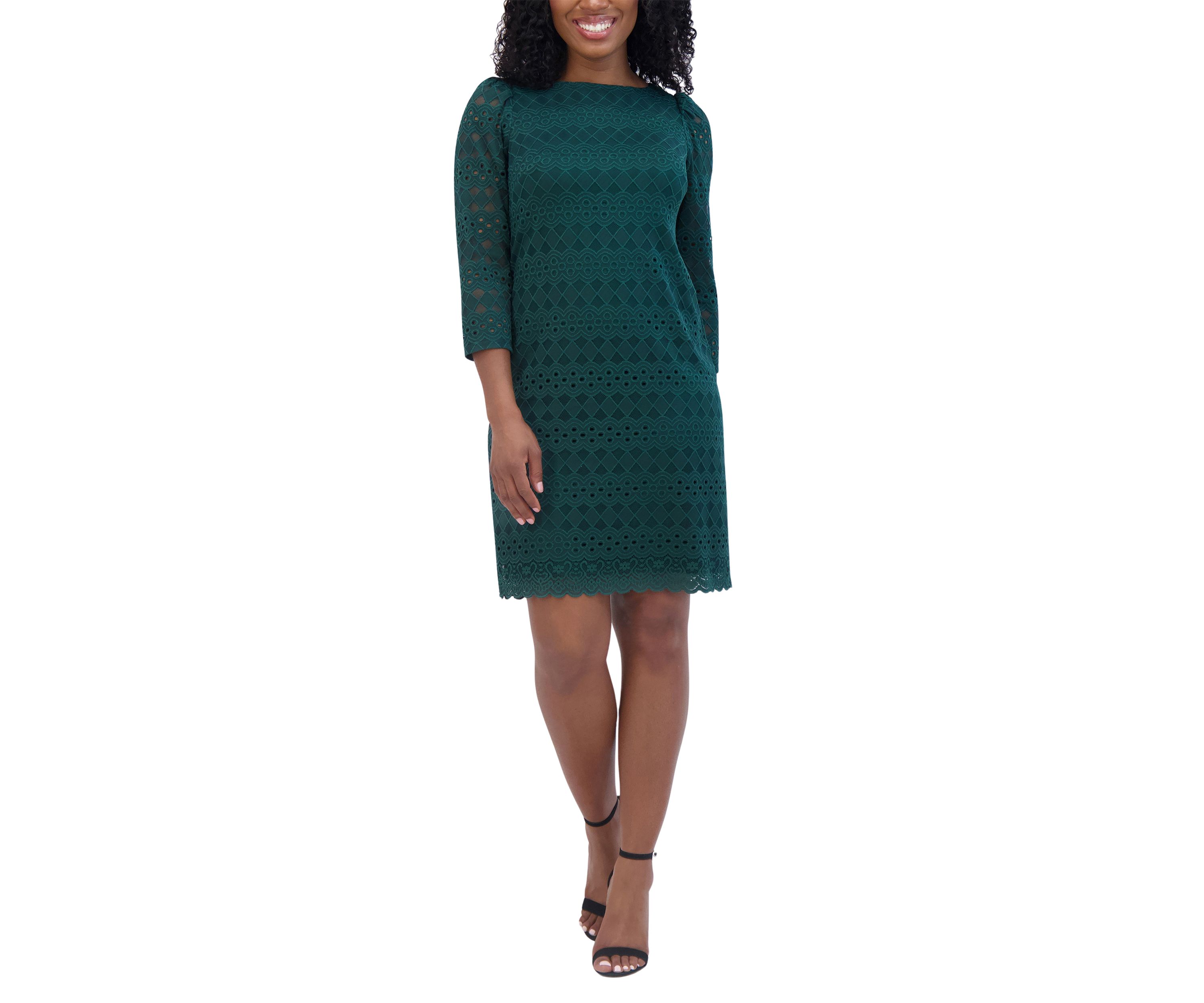 Womens 3/4 Sleeve Round Neck Solid Lace A-Line Dress