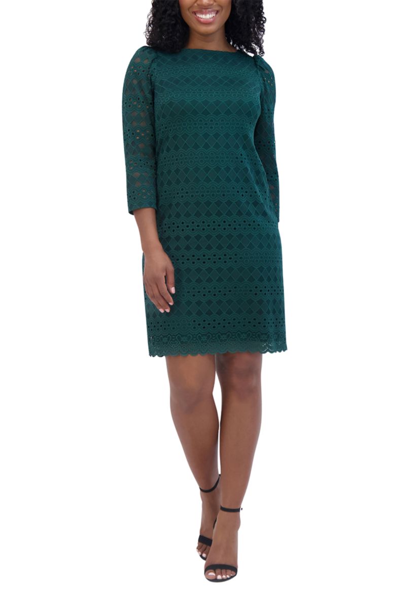 Womens 3/4 Sleeve Round Neck Solid Lace A-Line Dress