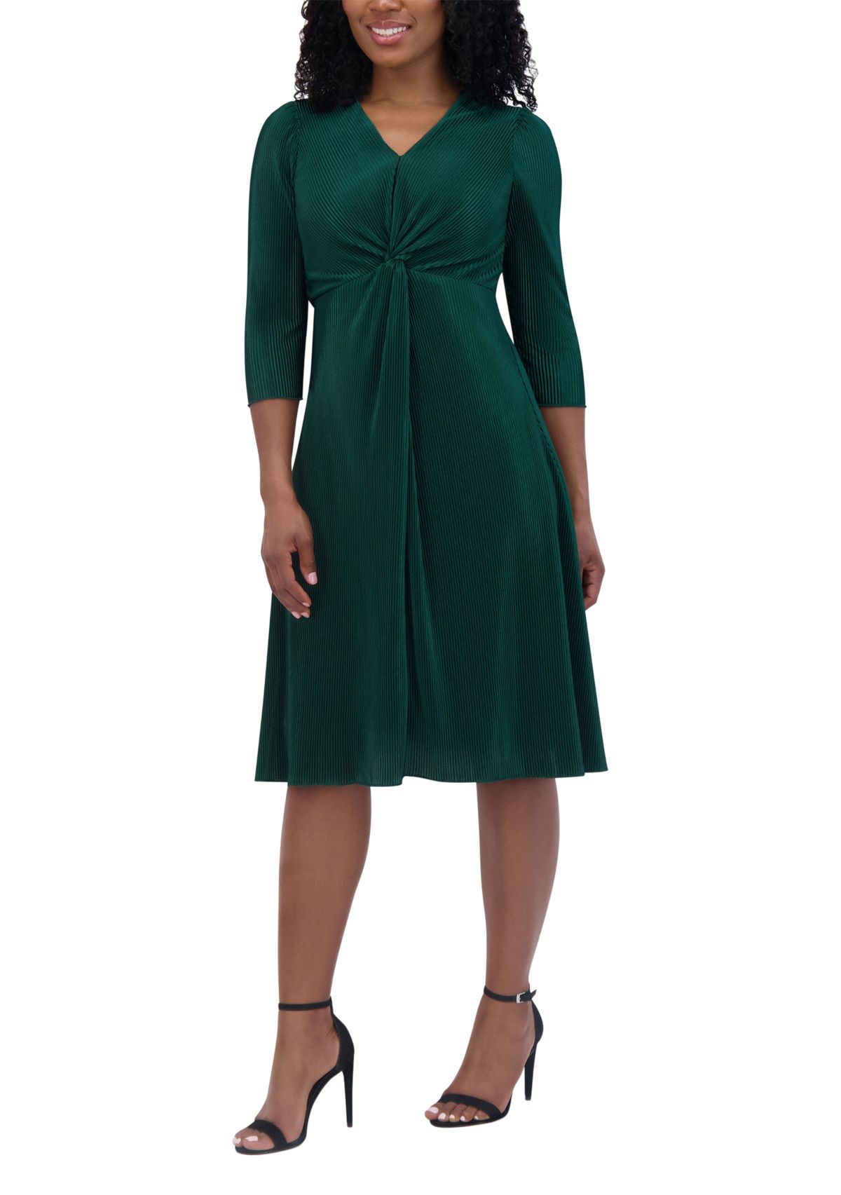 Womens 3/4 Sleeve V-Neck Solid Fit and Flare Dress