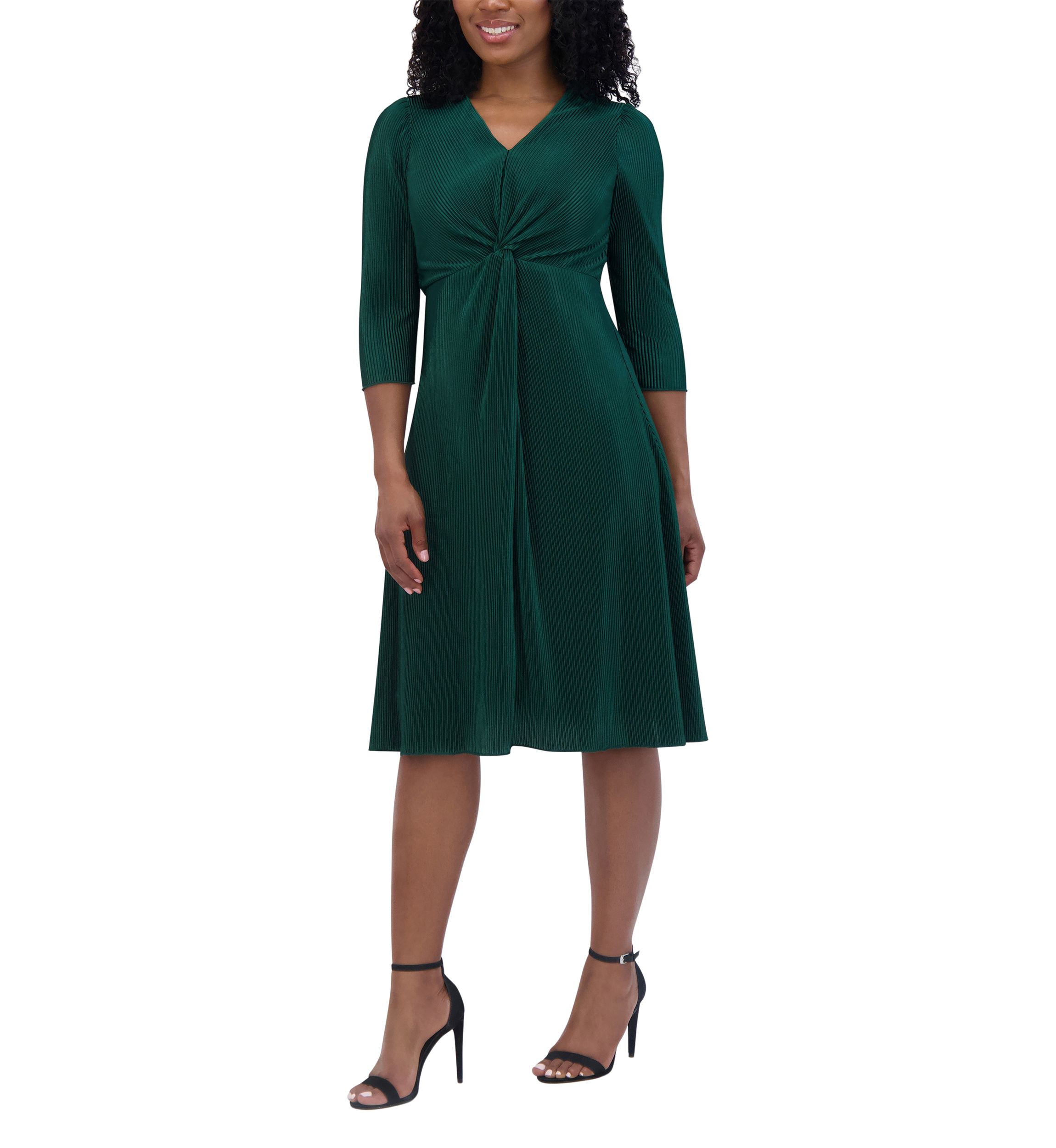 Womens 3/4 Sleeve V-Neck Solid Fit and Flare Dress