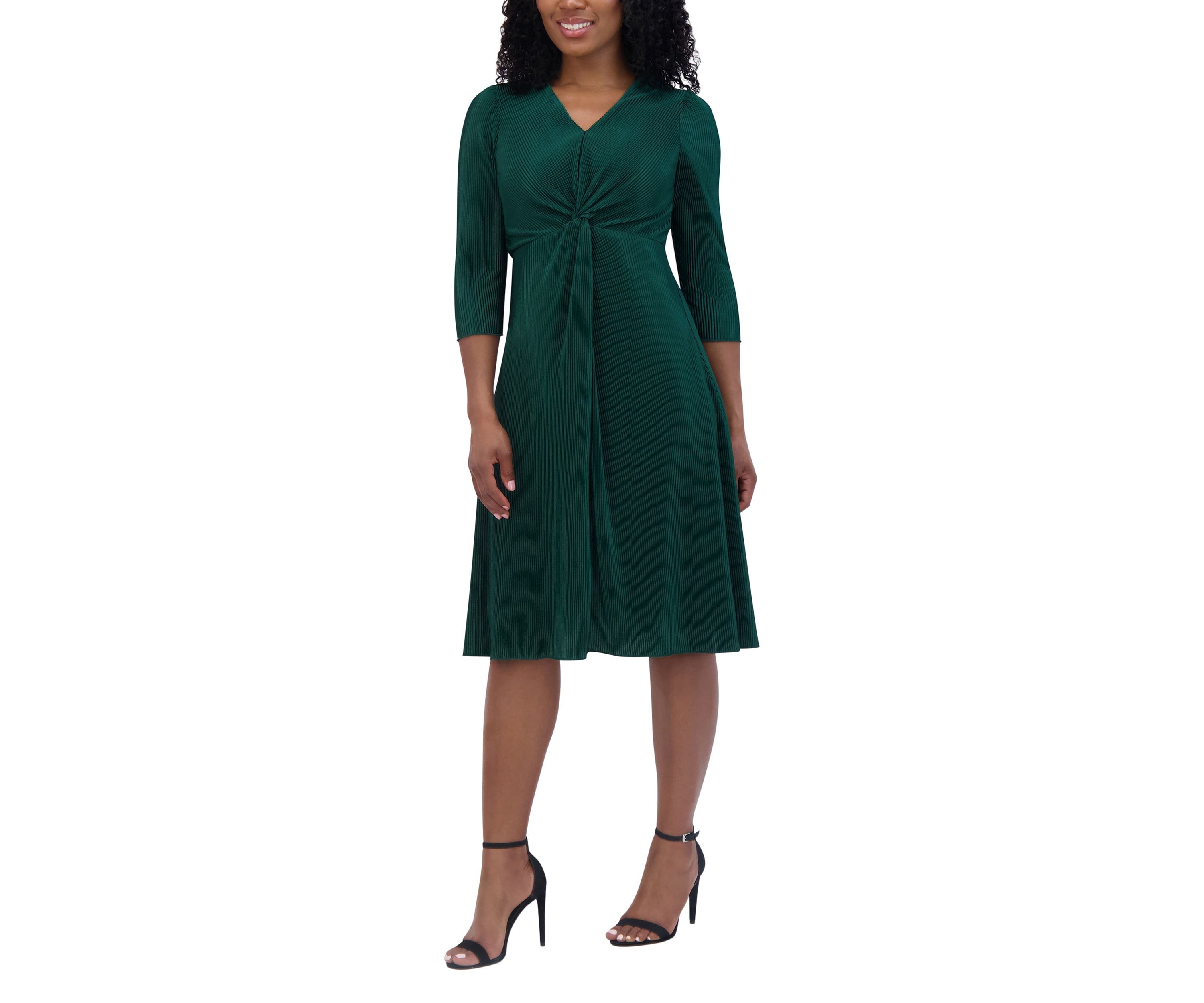 Womens 3/4 Sleeve V-Neck Solid Fit and Flare Dress
