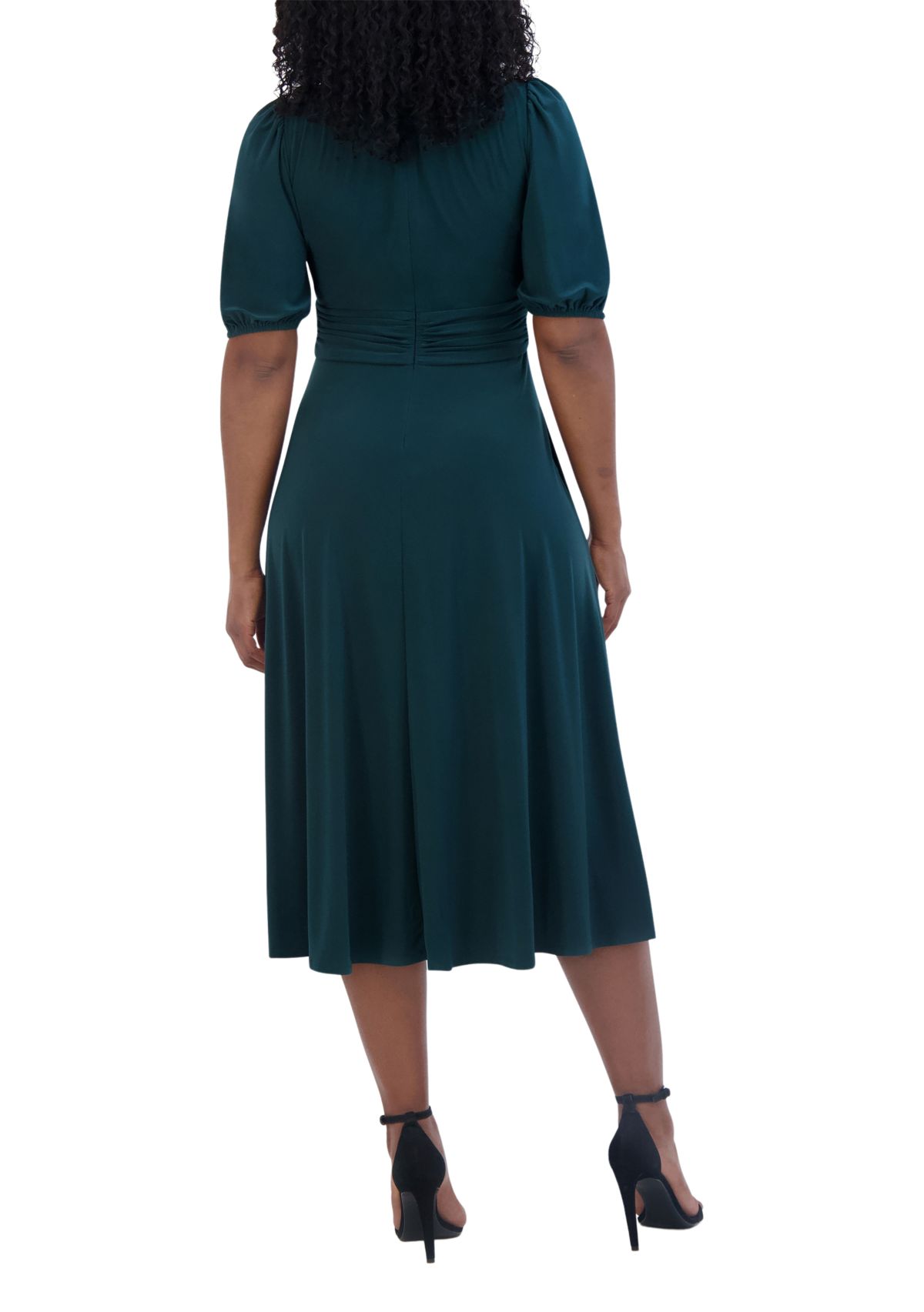Womens 3/4 Sleeve V-Neck Solid Fit and Flare Dress