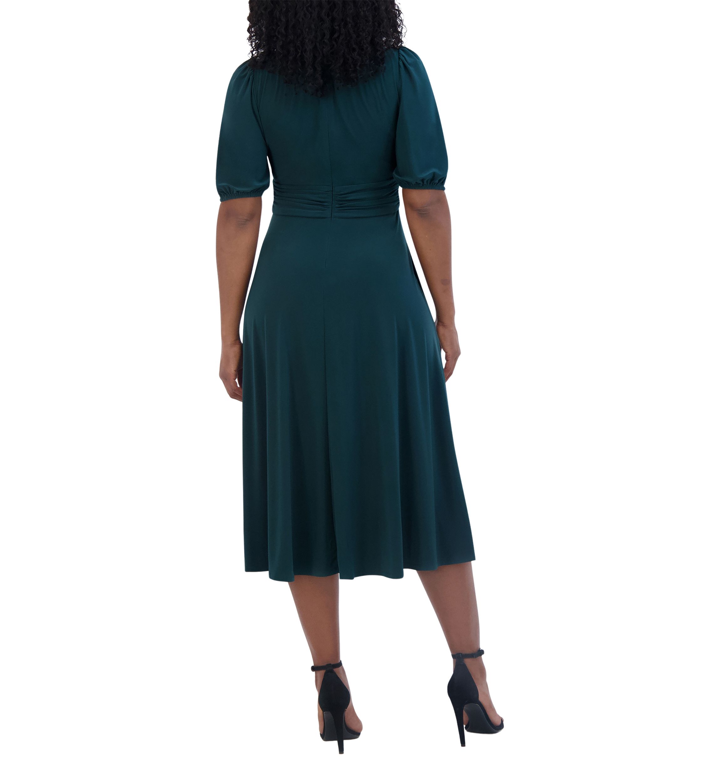 Womens 3/4 Sleeve V-Neck Solid Fit and Flare Dress