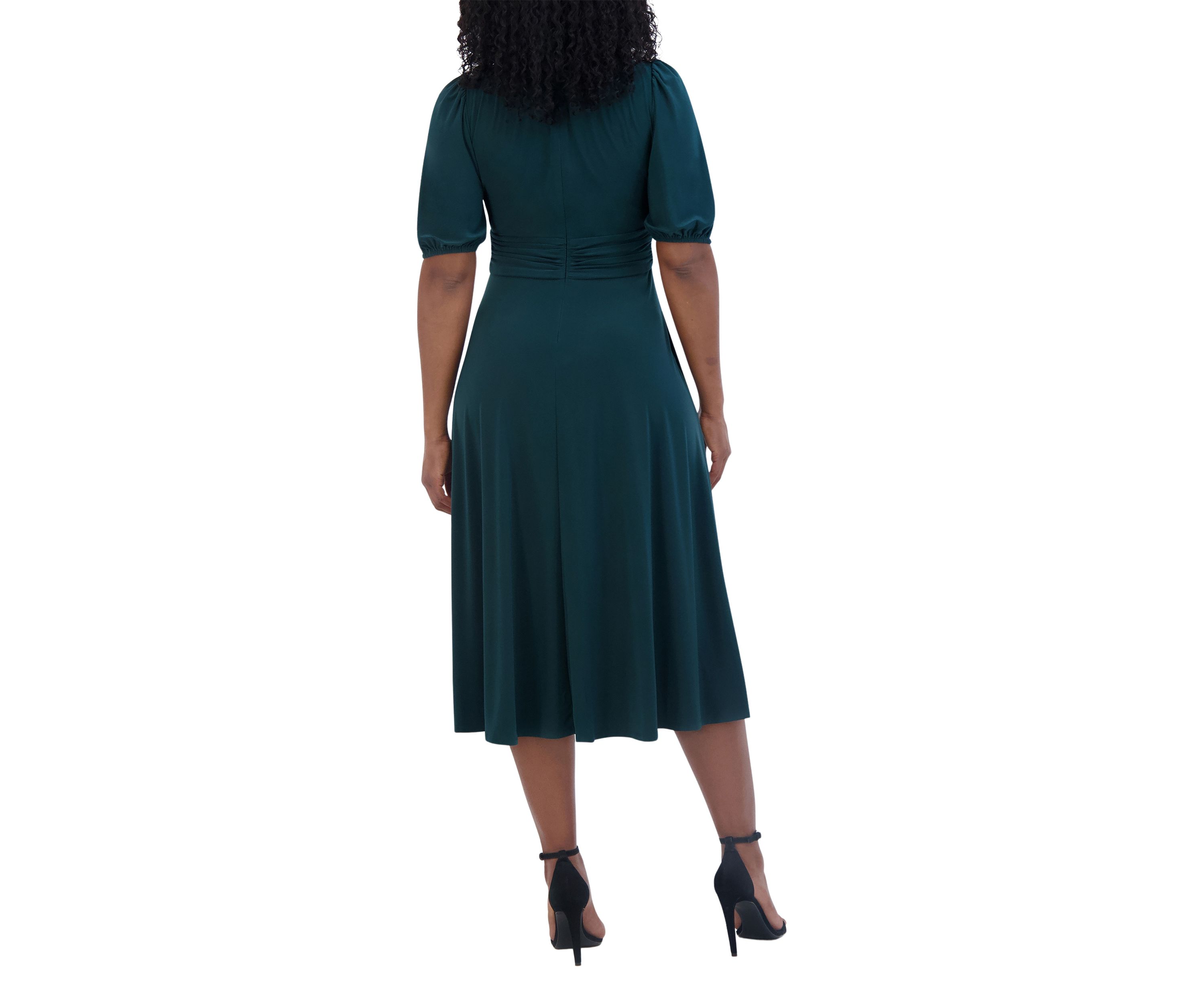 Womens 3/4 Sleeve V-Neck Solid Fit and Flare Dress