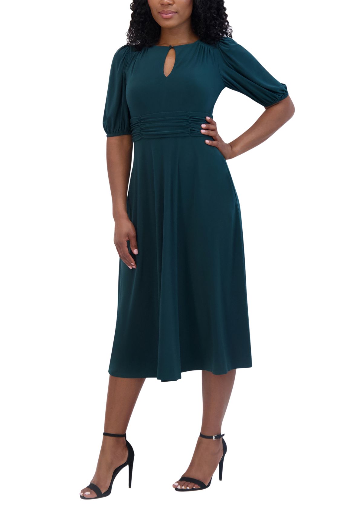 Womens 3/4 Sleeve V-Neck Solid Fit and Flare Dress