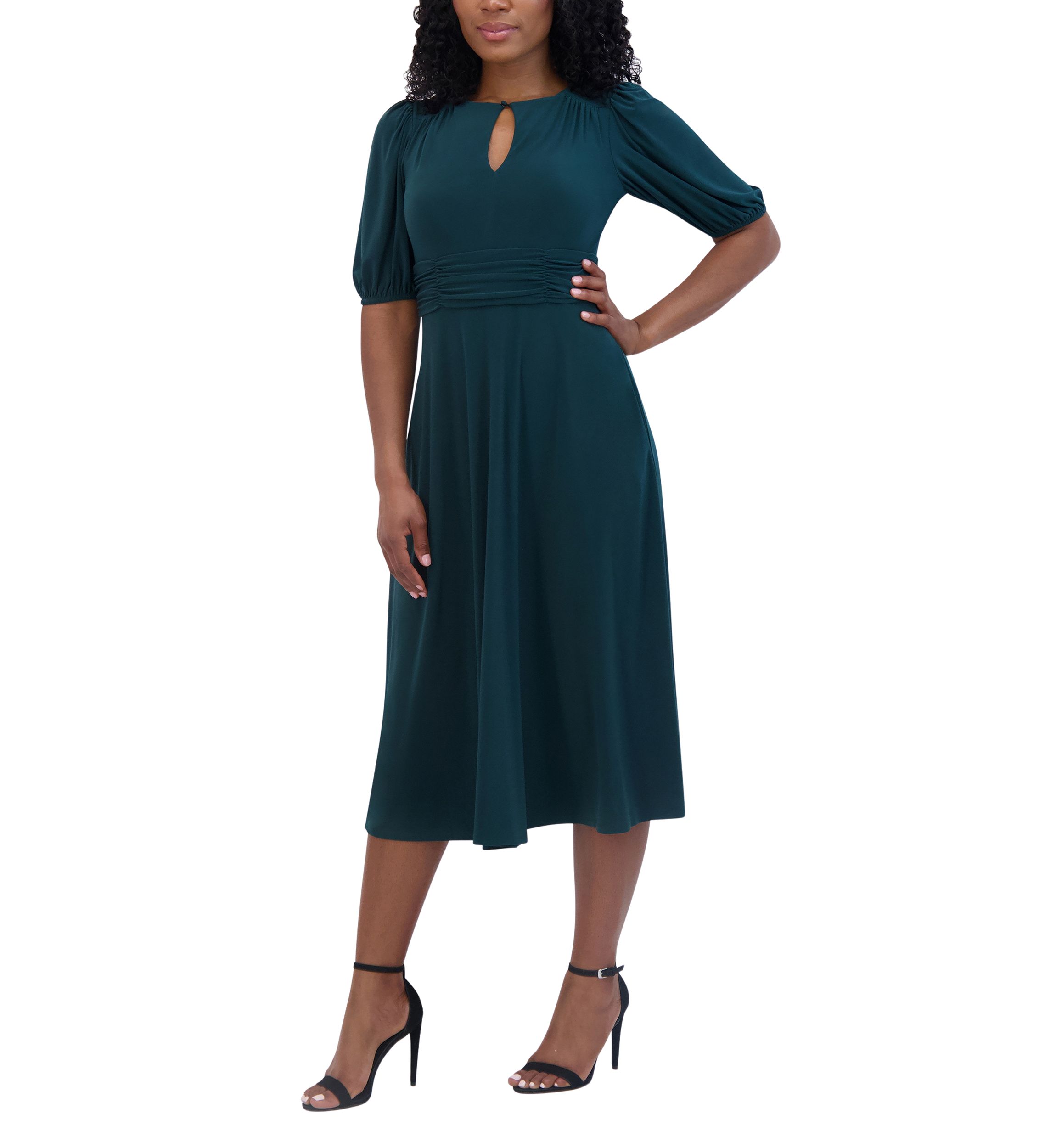 Womens 3/4 Sleeve V-Neck Solid Fit and Flare Dress