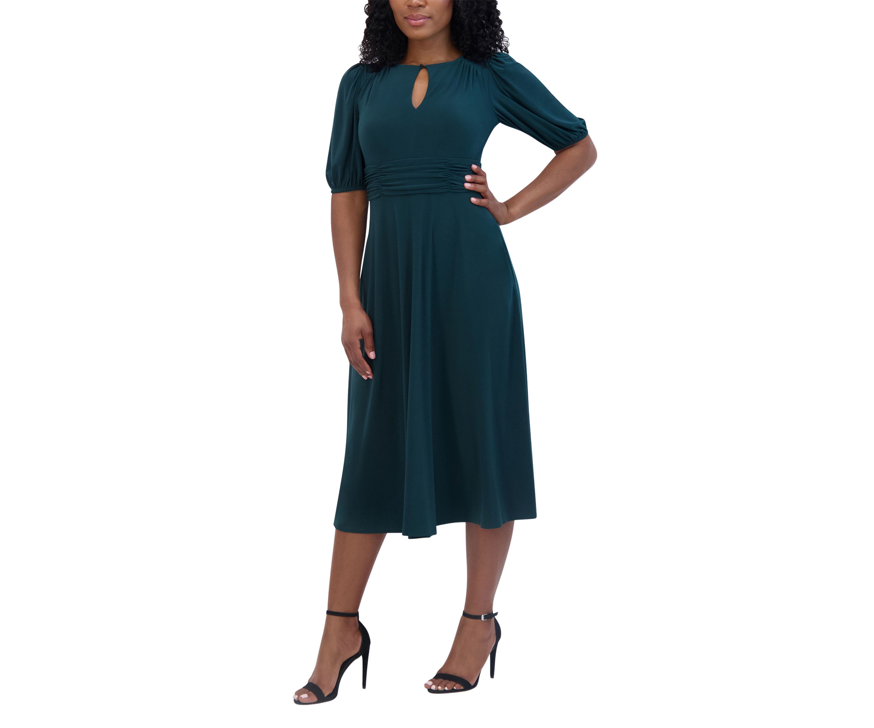 Womens 3/4 Sleeve V-Neck Solid Fit and Flare Dress
