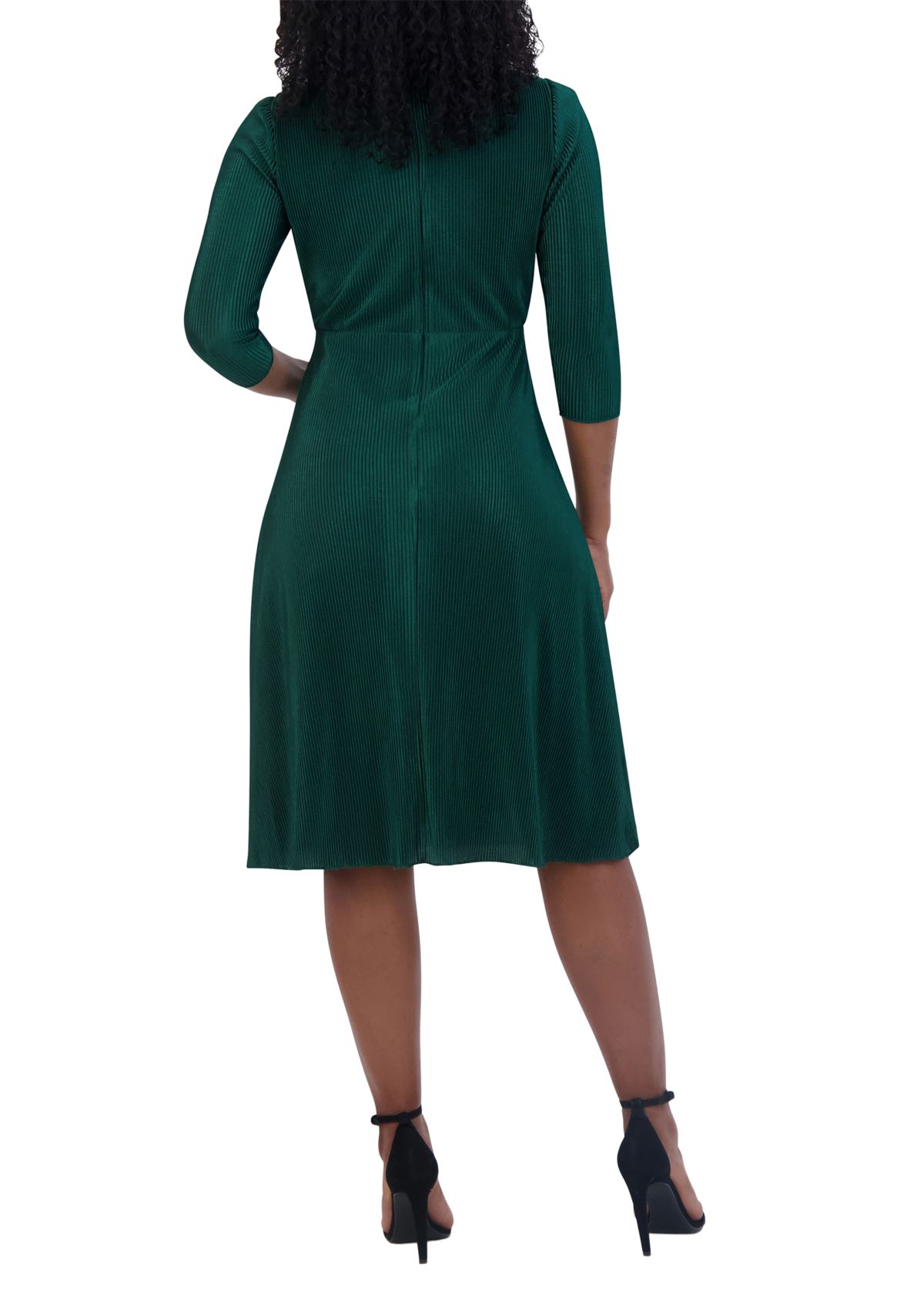 Womens 3/4 Sleeve V-Neck Solid Fit and Flare Dress