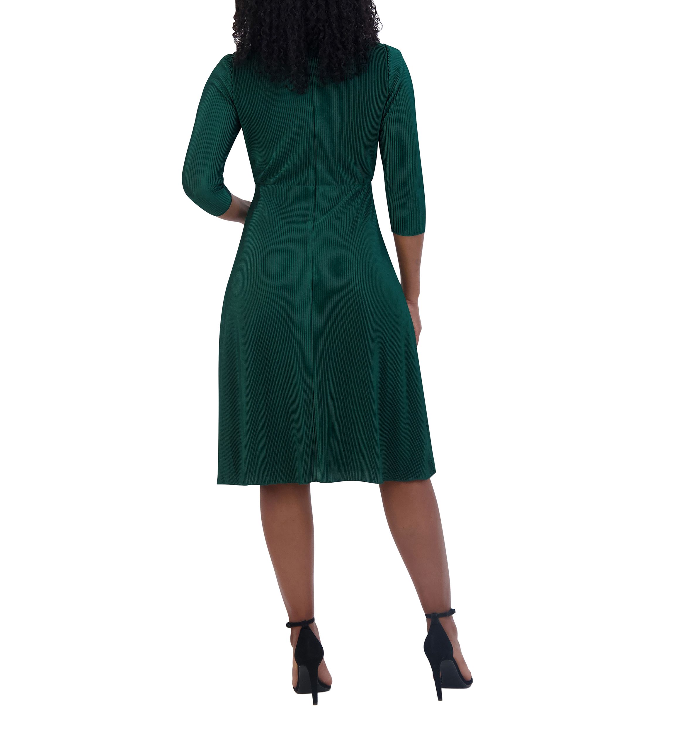 Womens 3/4 Sleeve V-Neck Solid Fit and Flare Dress