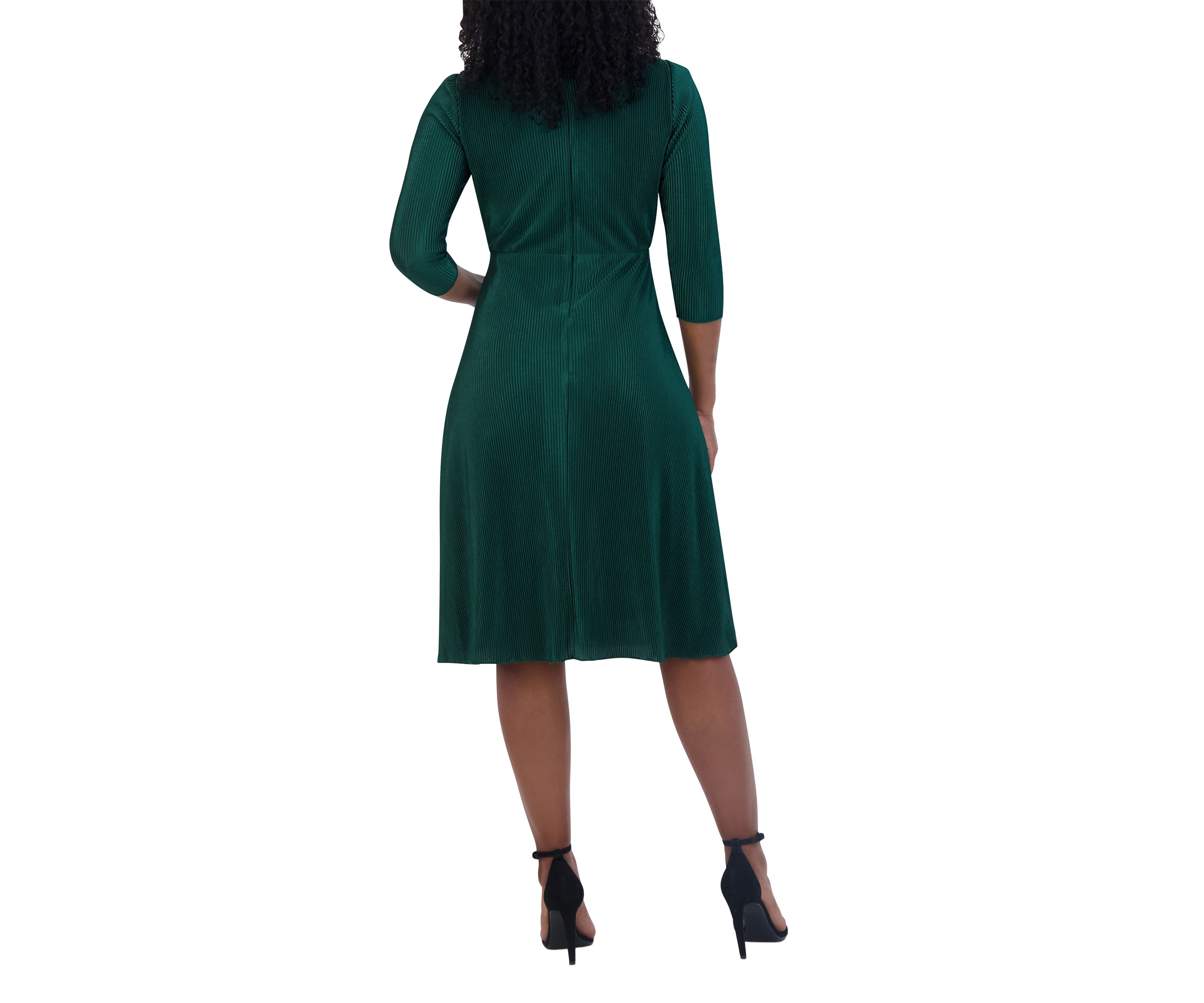 Womens 3/4 Sleeve V-Neck Solid Fit and Flare Dress