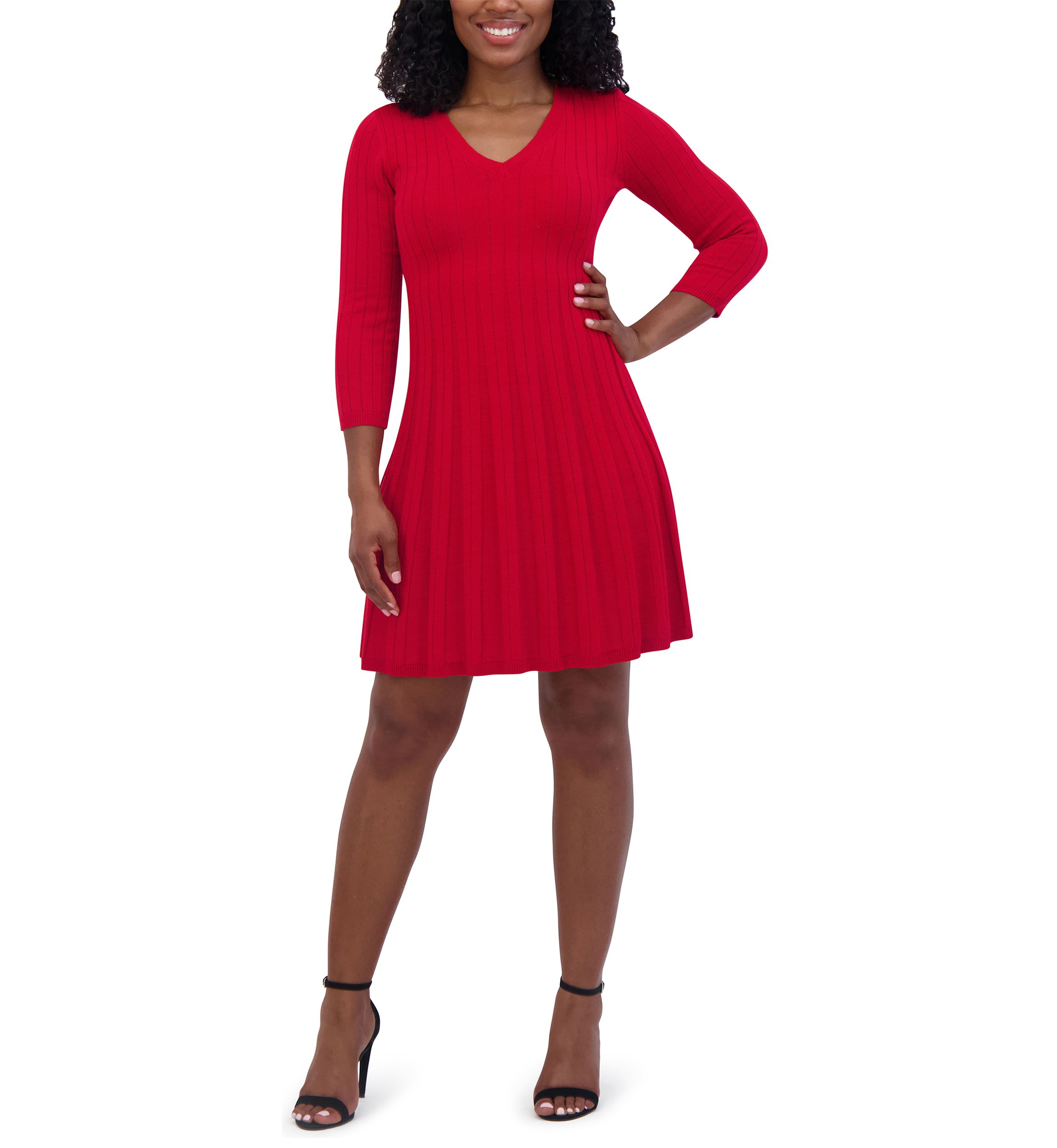 Womens 3/4 Sleeve V-Neck Solid Pleated A-Line Dress
