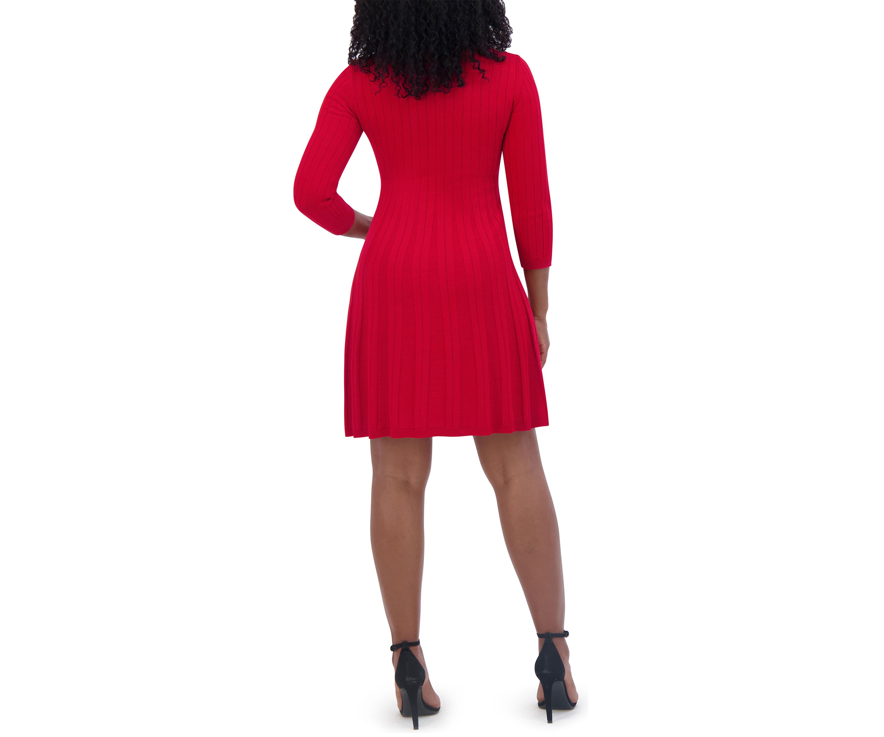 Womens 3/4 Sleeve V-Neck Solid Pleated A-Line Dress