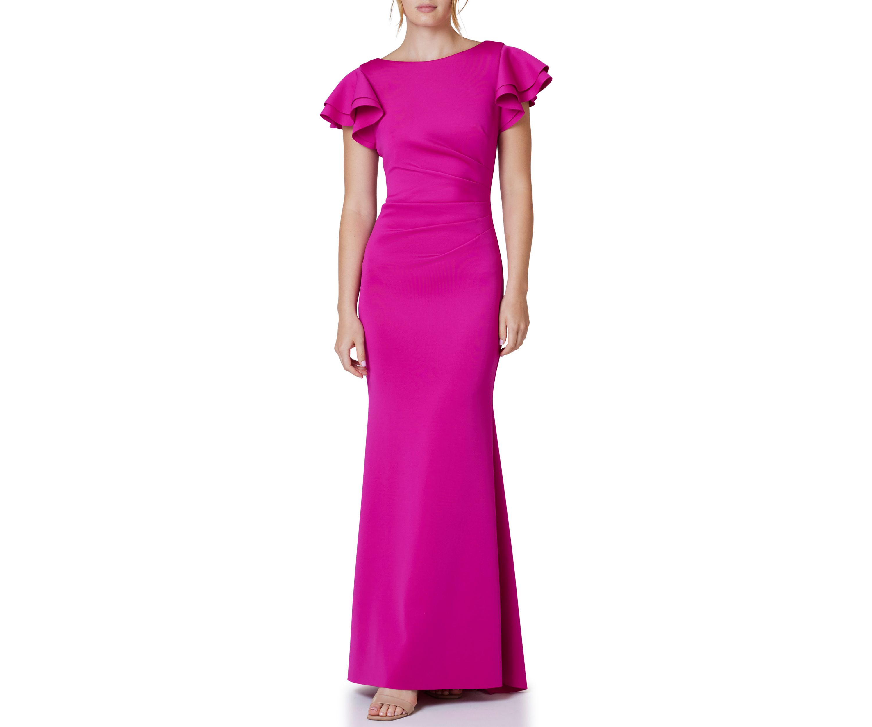 Womens Boat Neck Flutter Sleeve Scuba Gown