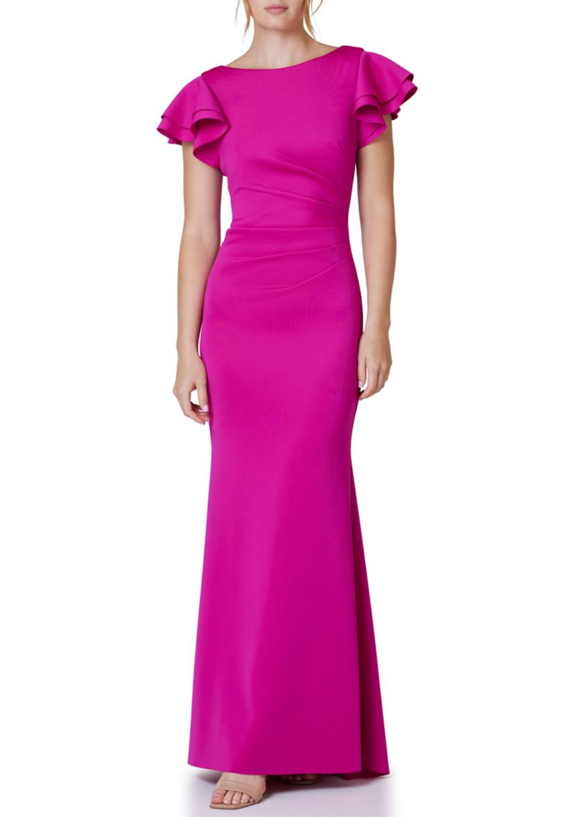 Womens Boat Neck Flutter Sleeve Scuba Gown