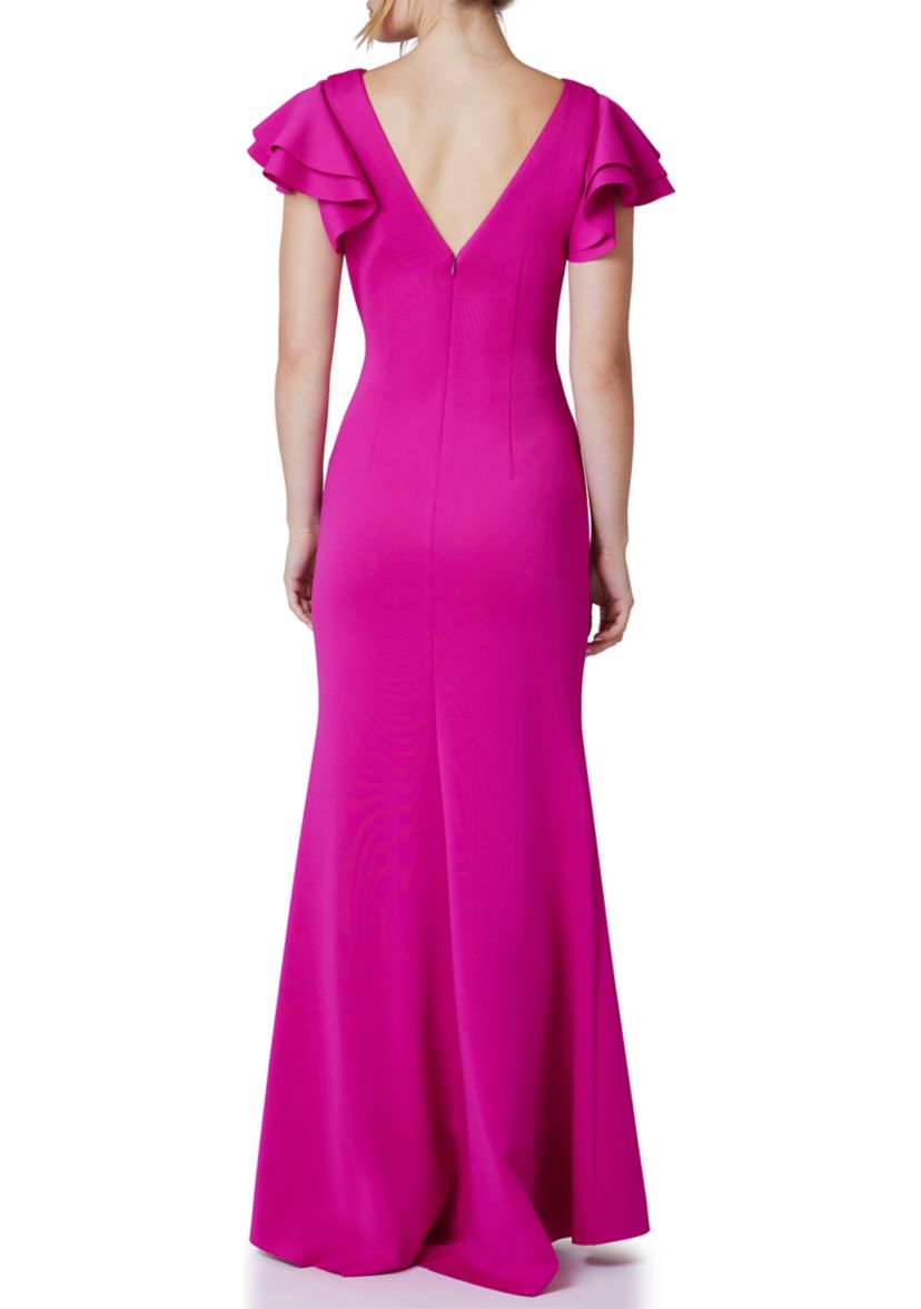 Womens Boat Neck Flutter Sleeve Scuba Gown