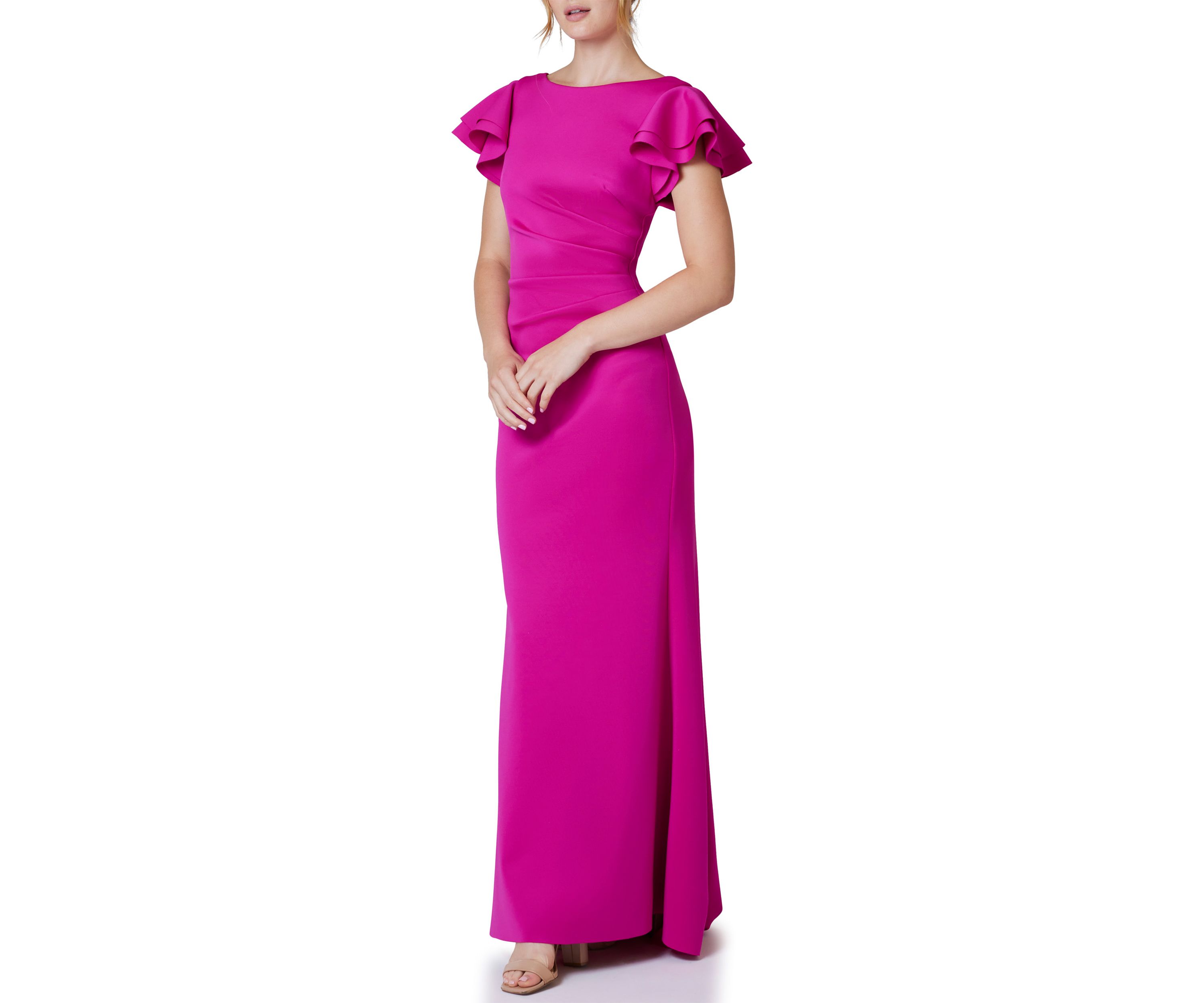 Womens Boat Neck Flutter Sleeve Scuba Gown