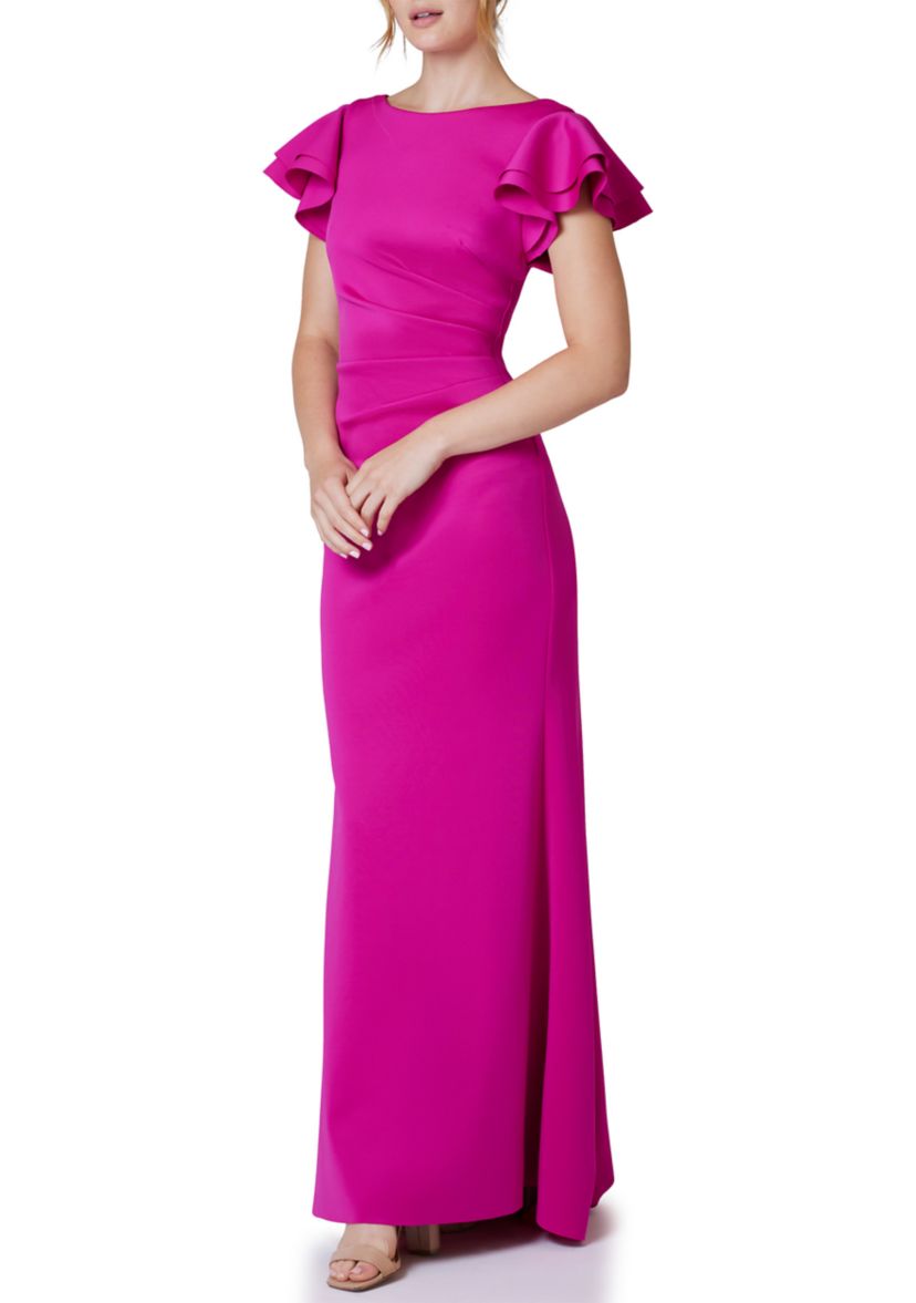Womens Boat Neck Flutter Sleeve Scuba Gown