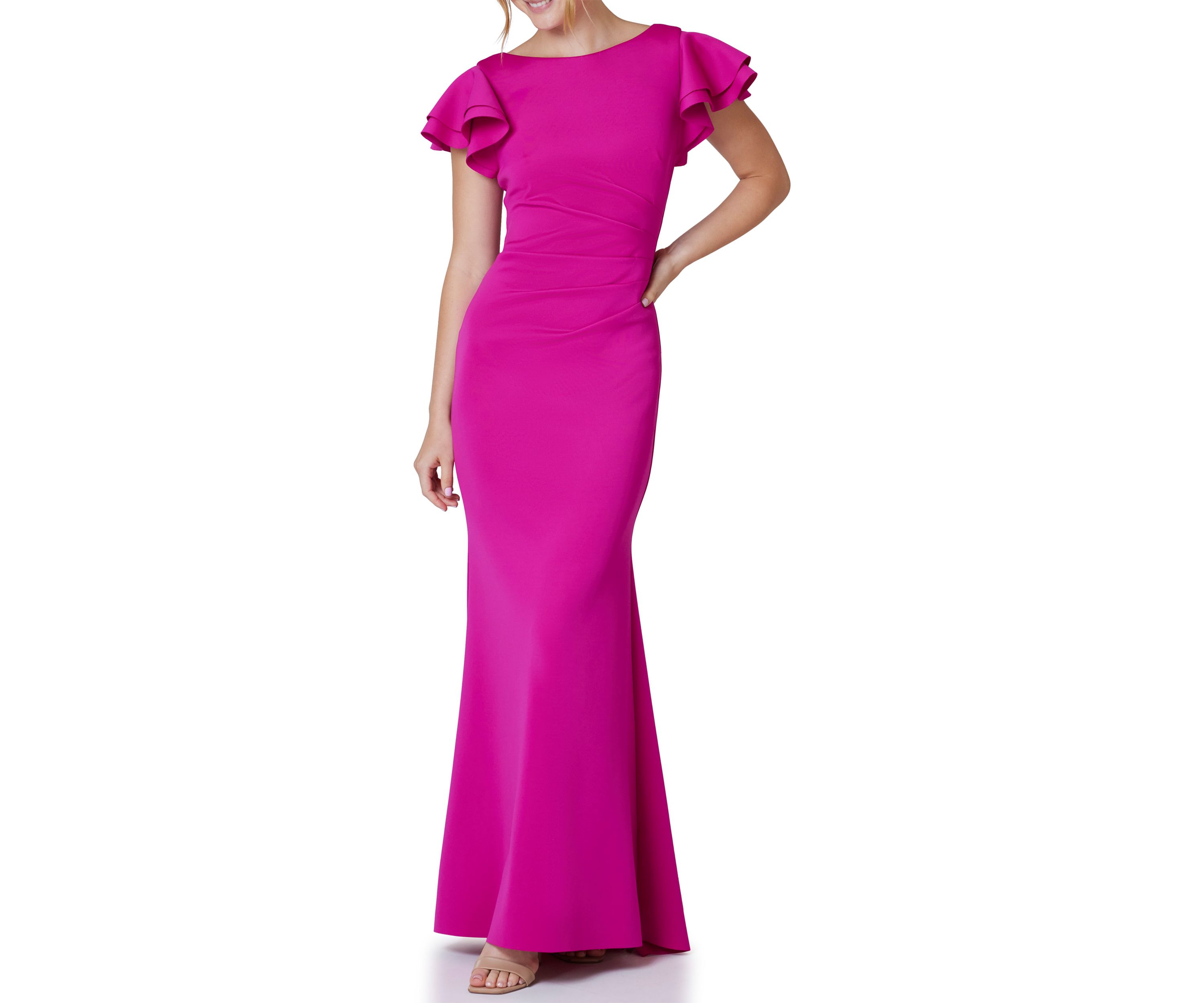 Womens Boat Neck Flutter Sleeve Scuba Gown