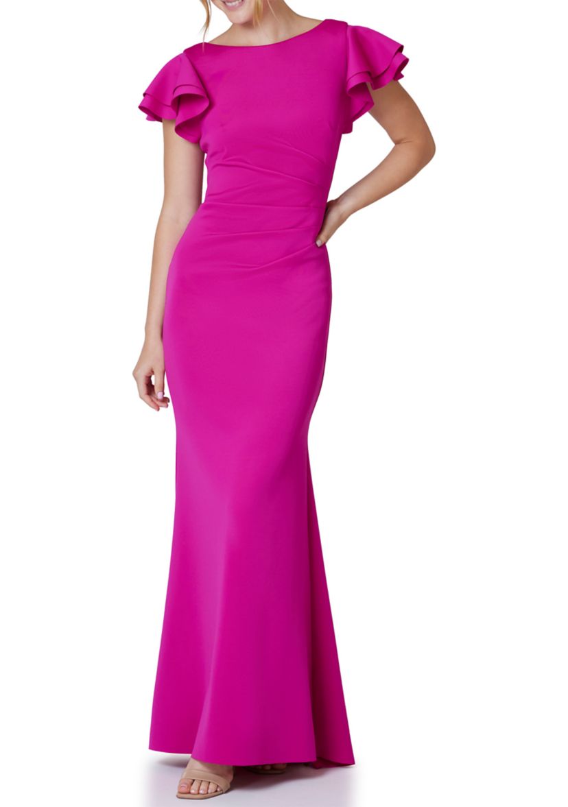 Womens Boat Neck Flutter Sleeve Scuba Gown