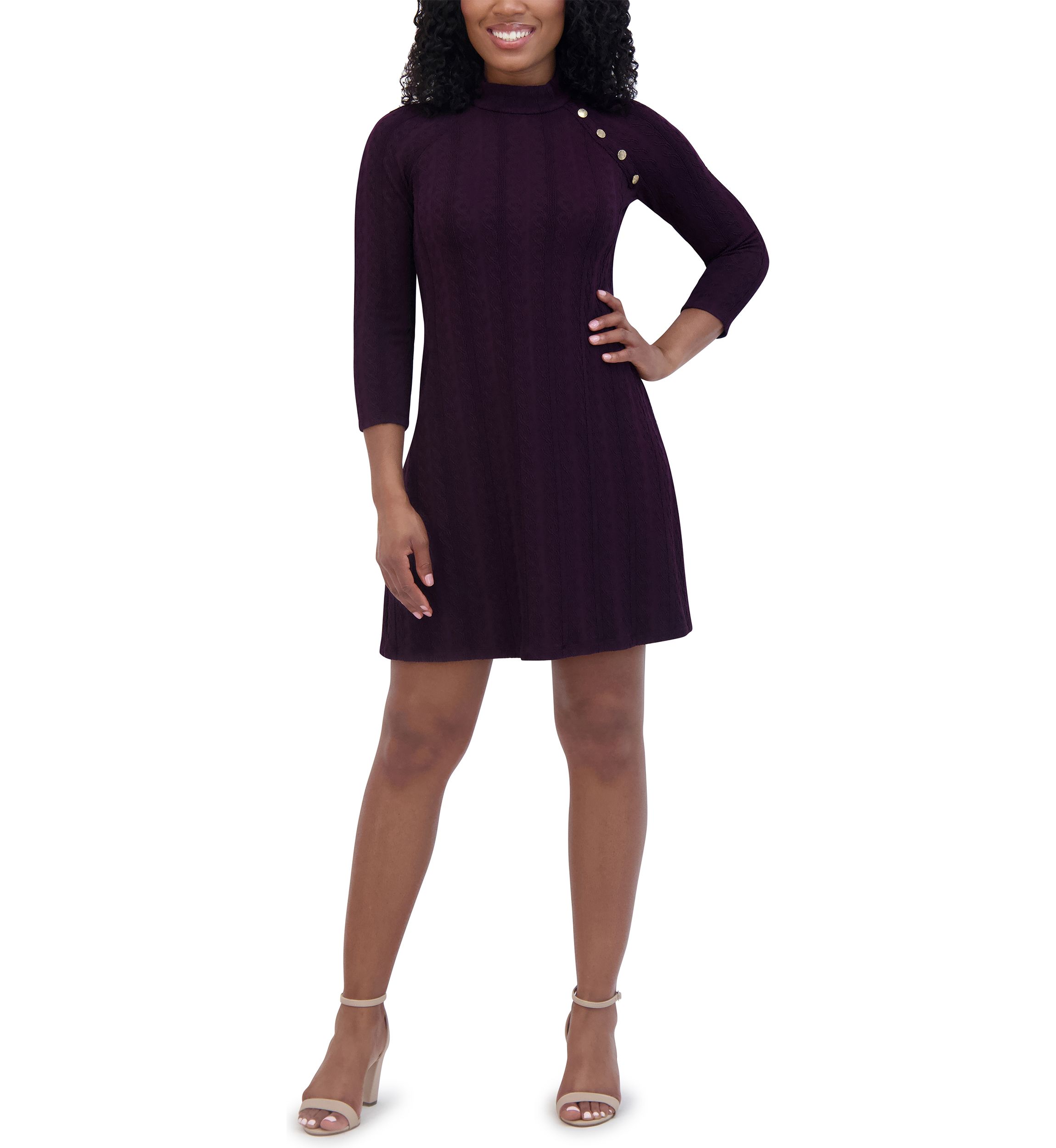Womens 3/4 Sleeve High Neck Button Detail A-Line Dress