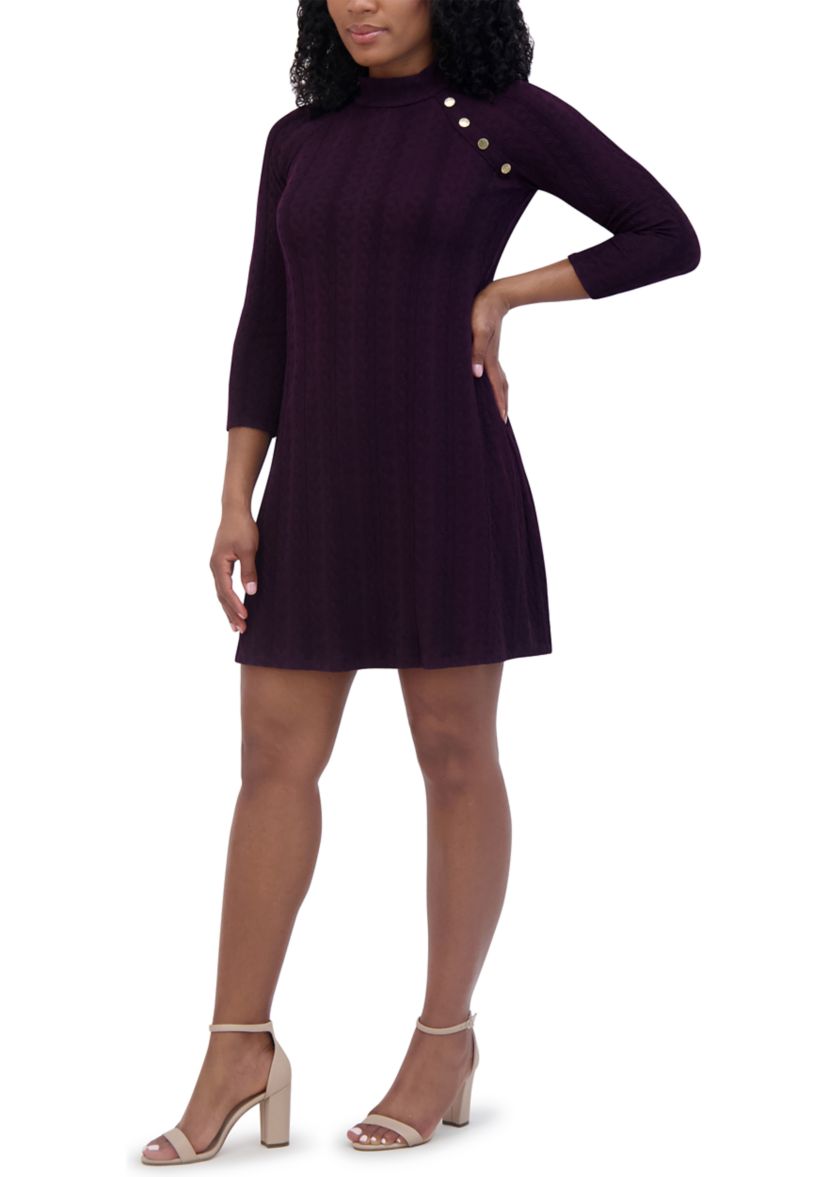 Womens 3/4 Sleeve High Neck Button Detail A-Line Dress