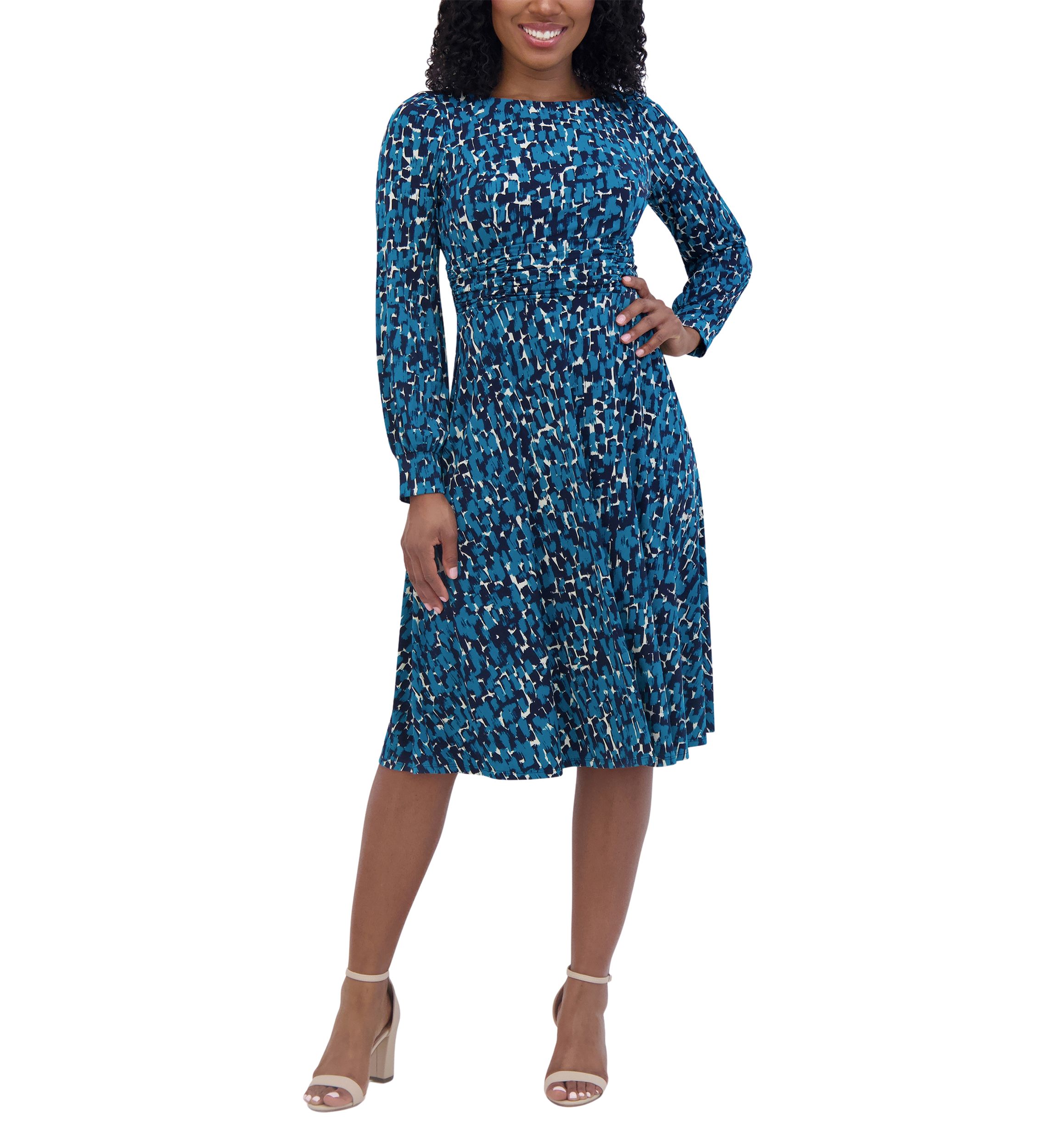 Womens Long Sleeve Round Neck Printed Fit and Flare Dress
