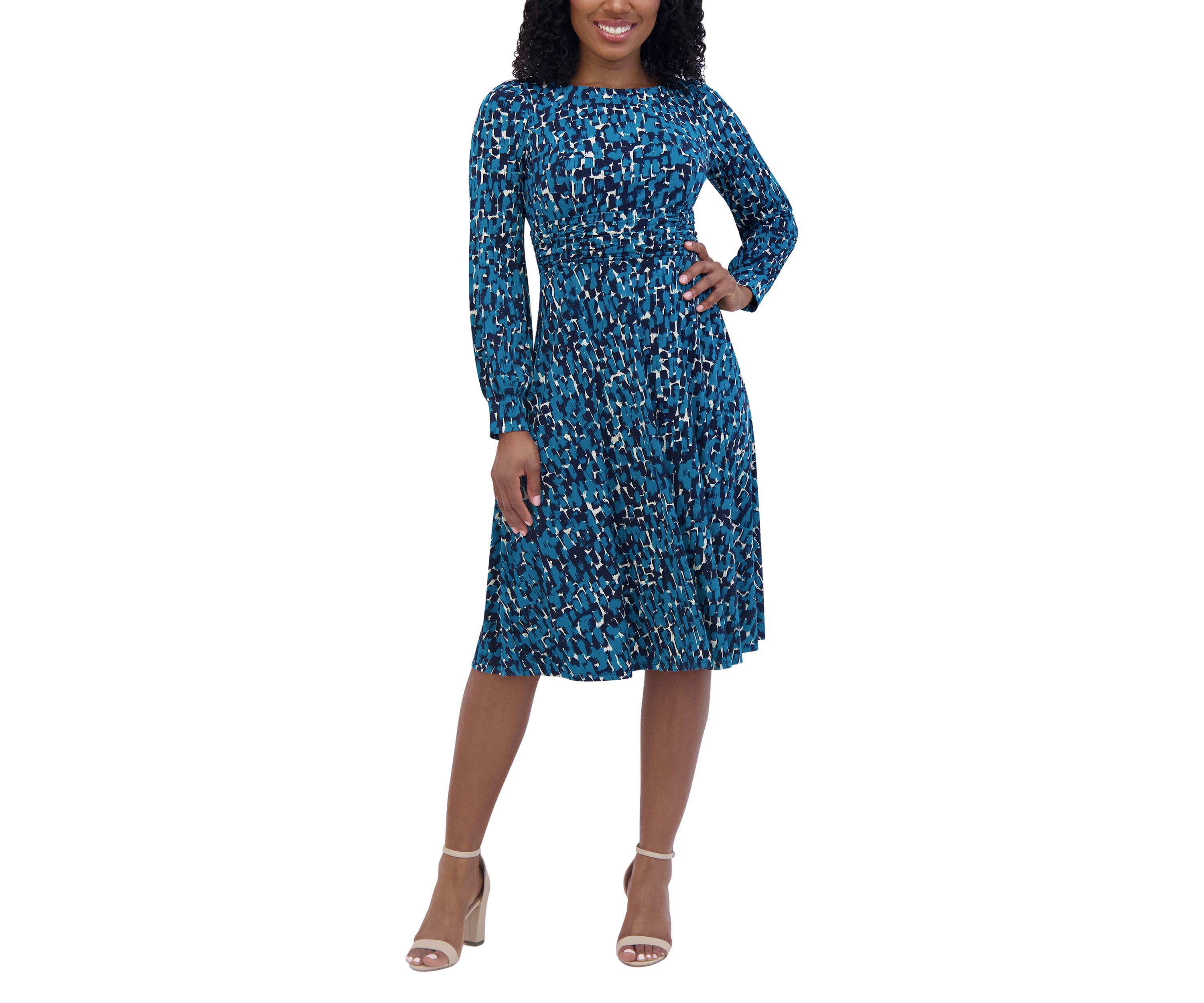 Womens Long Sleeve Round Neck Printed Fit and Flare Dress