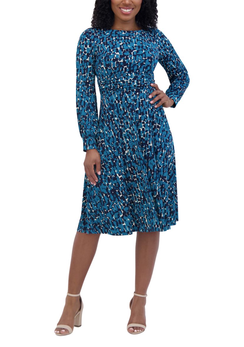 Womens Long Sleeve Round Neck Printed Fit and Flare Dress