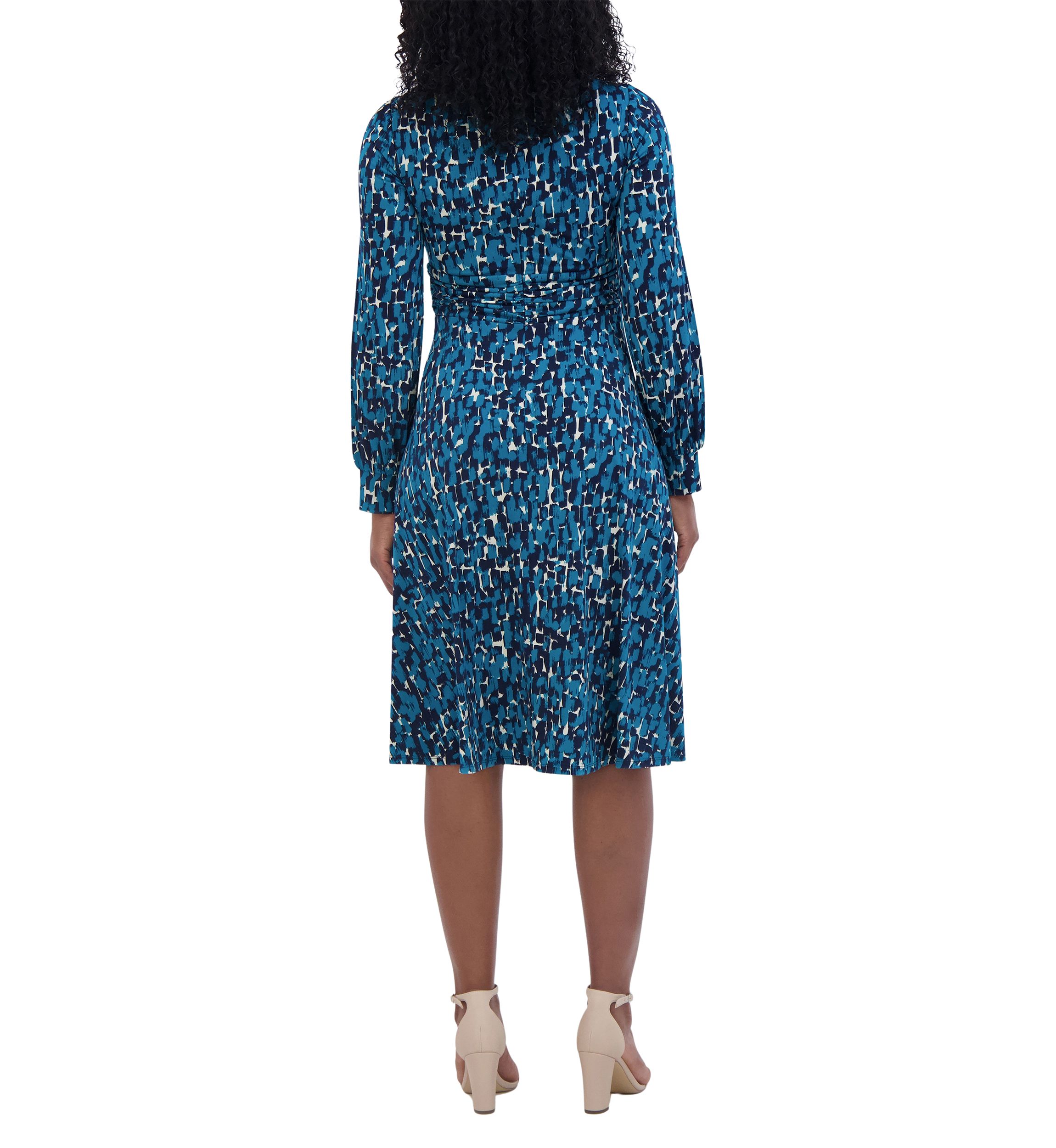 Womens Long Sleeve Round Neck Printed Fit and Flare Dress