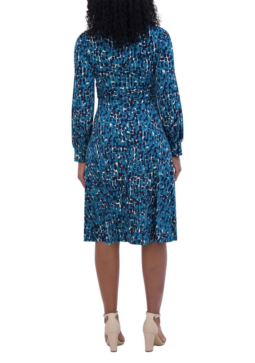 Womens Long Sleeve Round Neck Printed Fit and Flare Dress