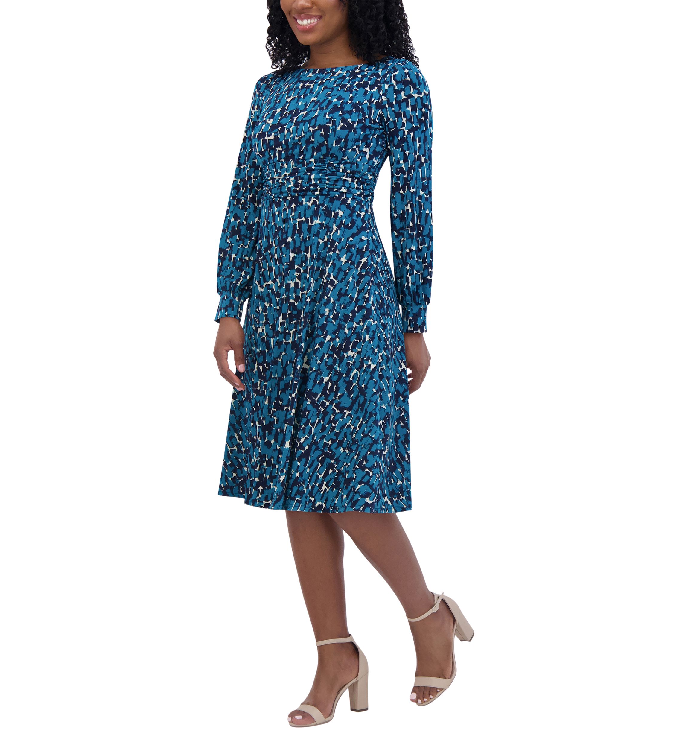 Womens Long Sleeve Round Neck Printed Fit and Flare Dress