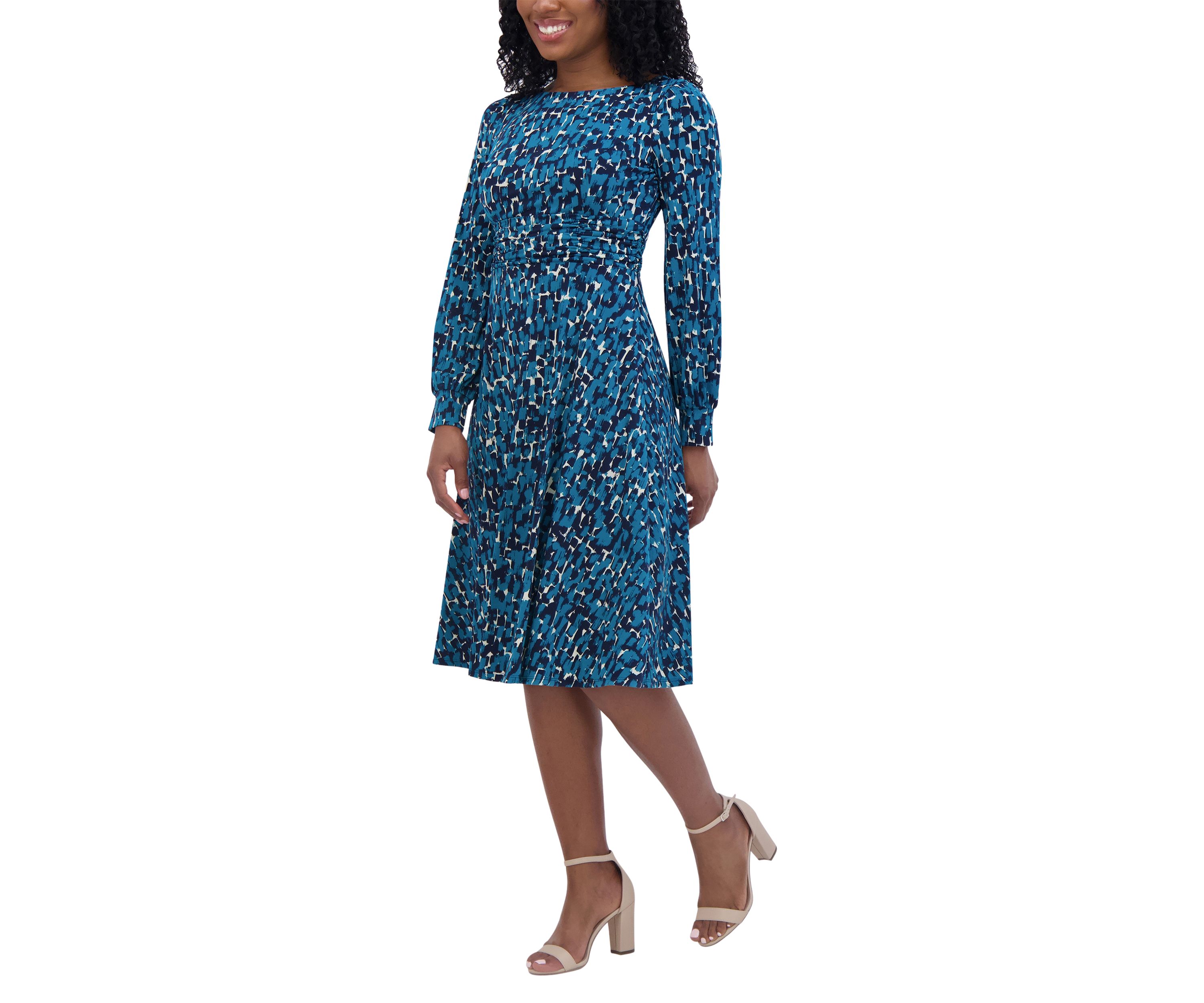 Womens Long Sleeve Round Neck Printed Fit and Flare Dress