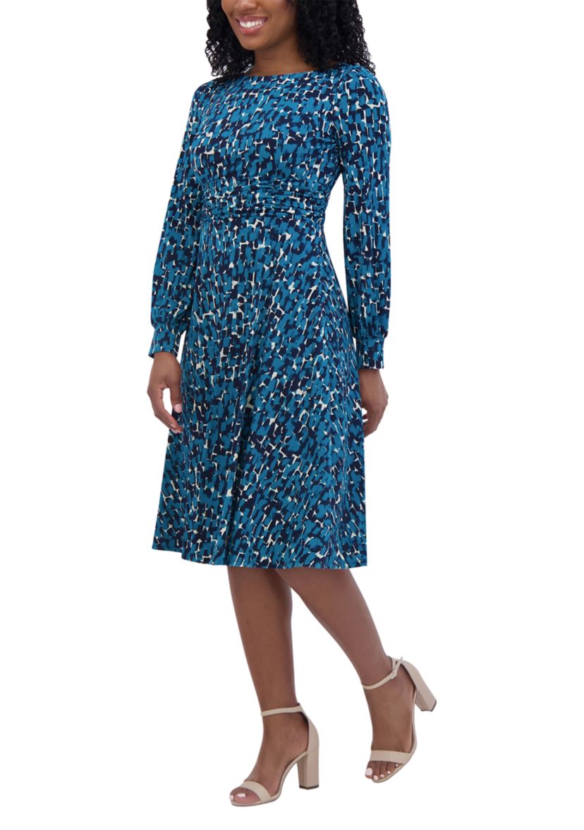 Womens Long Sleeve Round Neck Printed Fit and Flare Dress