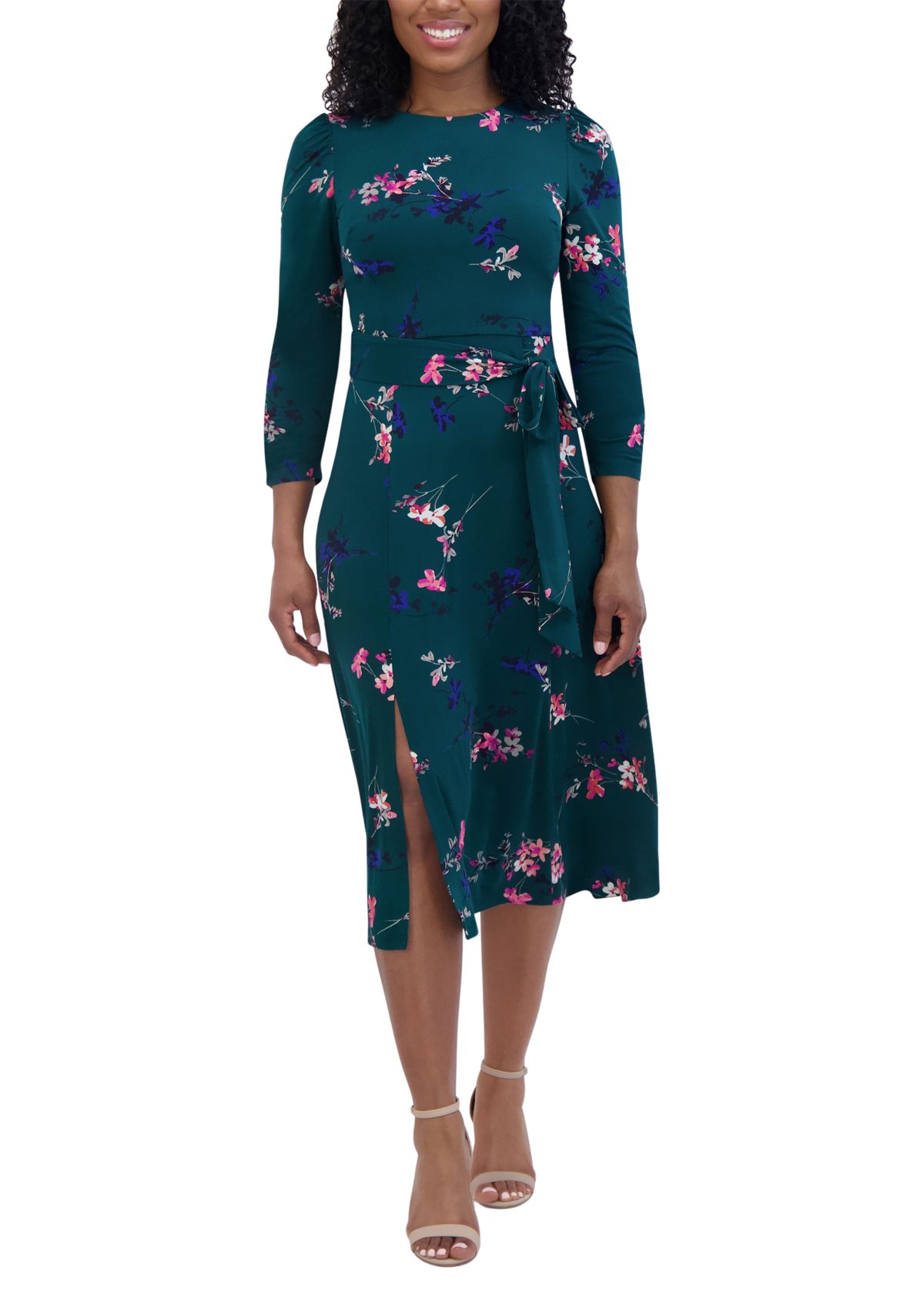 Womens 3/4 Sleeve Crew Neck Floral Print Tie Fit and Flare Dress