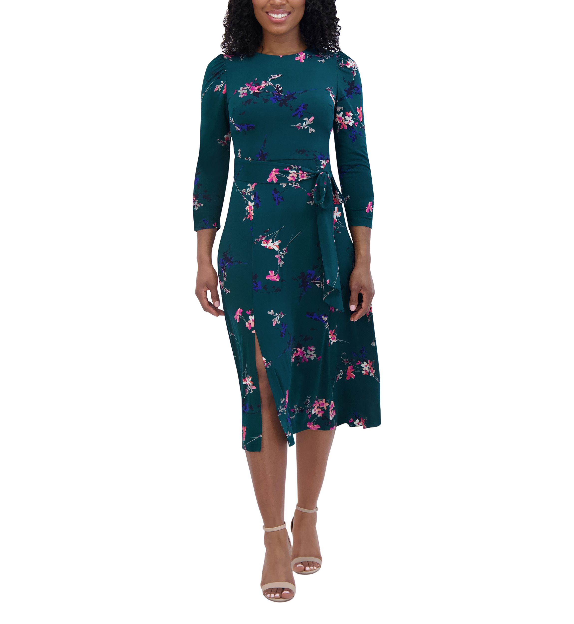 Womens 3/4 Sleeve Crew Neck Floral Print Tie Fit and Flare Dress