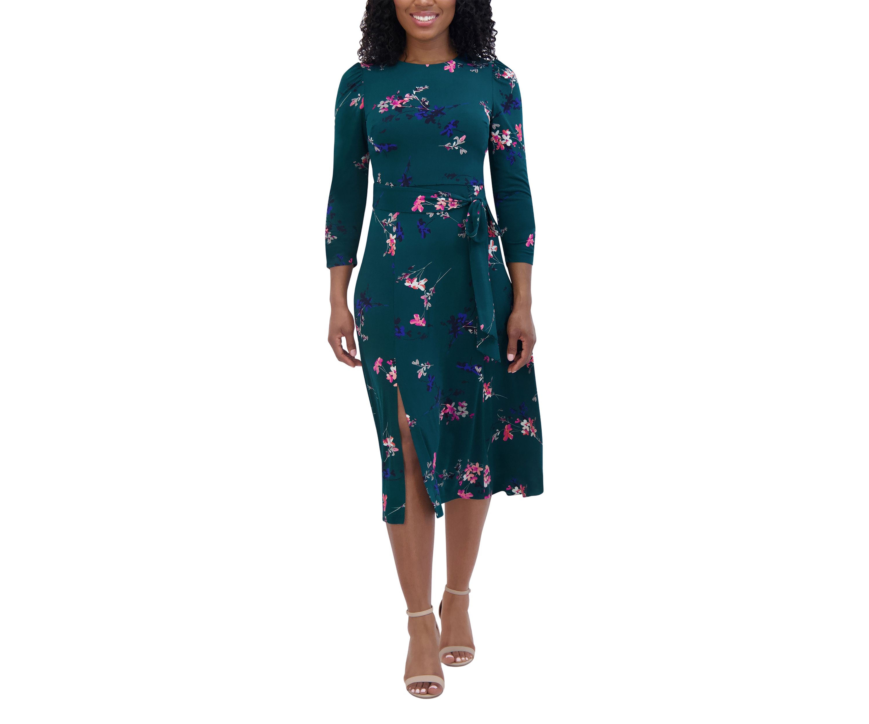 Womens 3/4 Sleeve Crew Neck Floral Print Tie Fit and Flare Dress