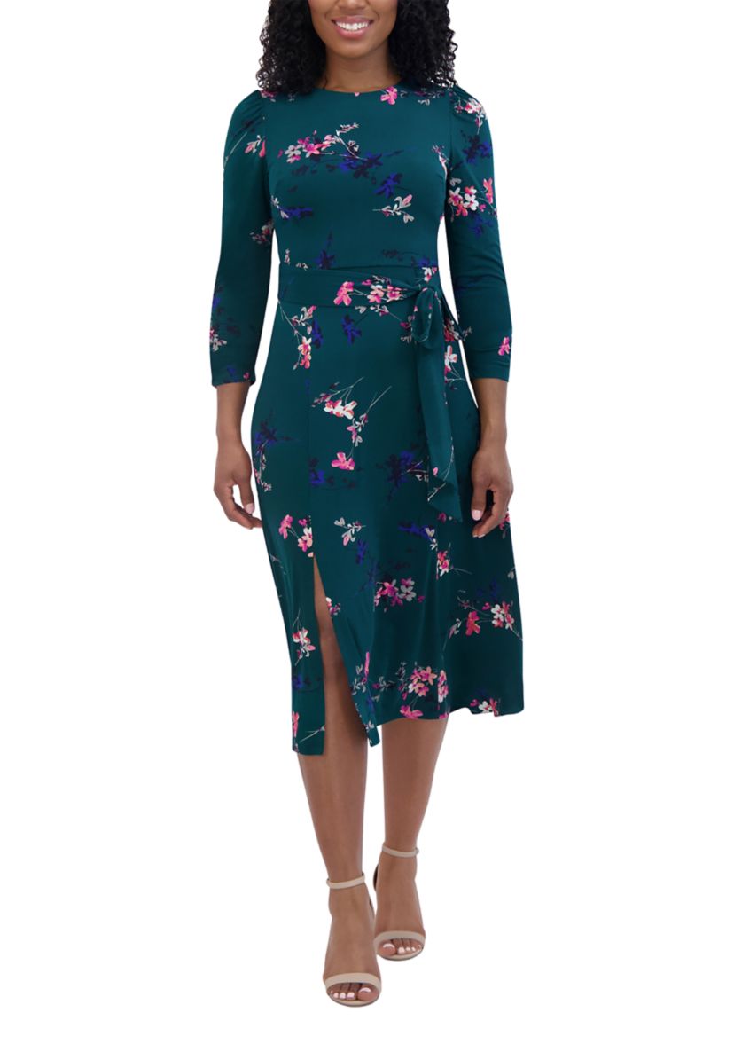 Womens 3/4 Sleeve Crew Neck Floral Print Tie Fit and Flare Dress