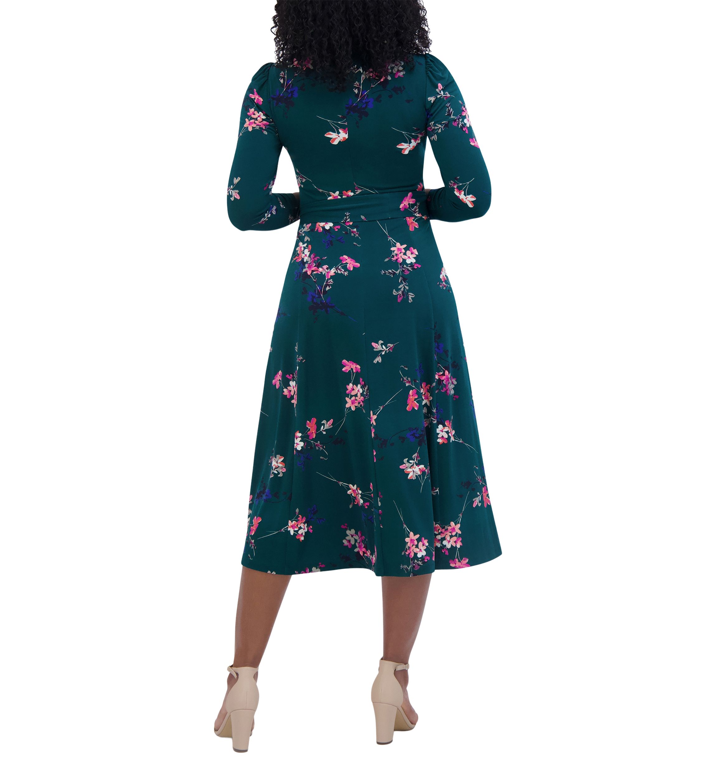 Womens 3/4 Sleeve Crew Neck Floral Print Tie Fit and Flare Dress