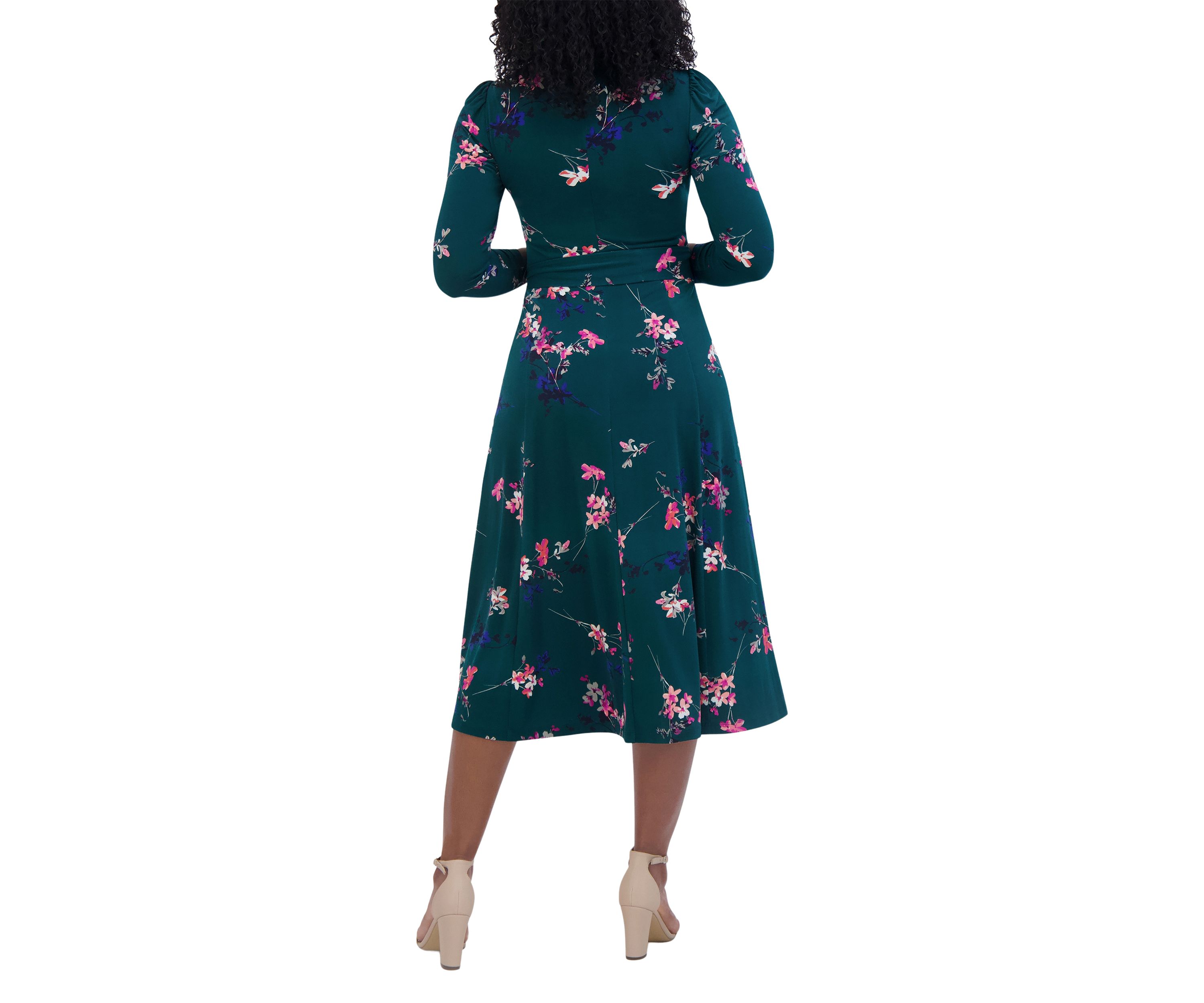 Womens 3/4 Sleeve Crew Neck Floral Print Tie Fit and Flare Dress