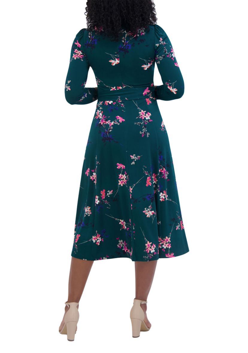 Womens 3/4 Sleeve Crew Neck Floral Print Tie Fit and Flare Dress