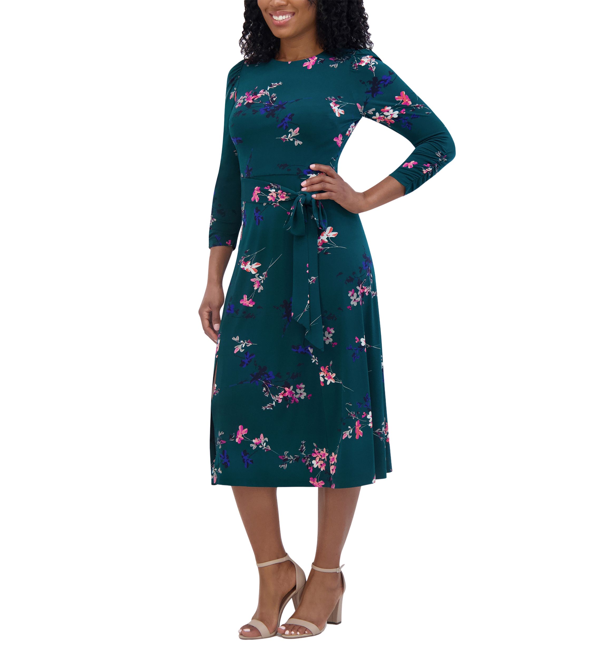 Womens 3/4 Sleeve Crew Neck Floral Print Tie Fit and Flare Dress