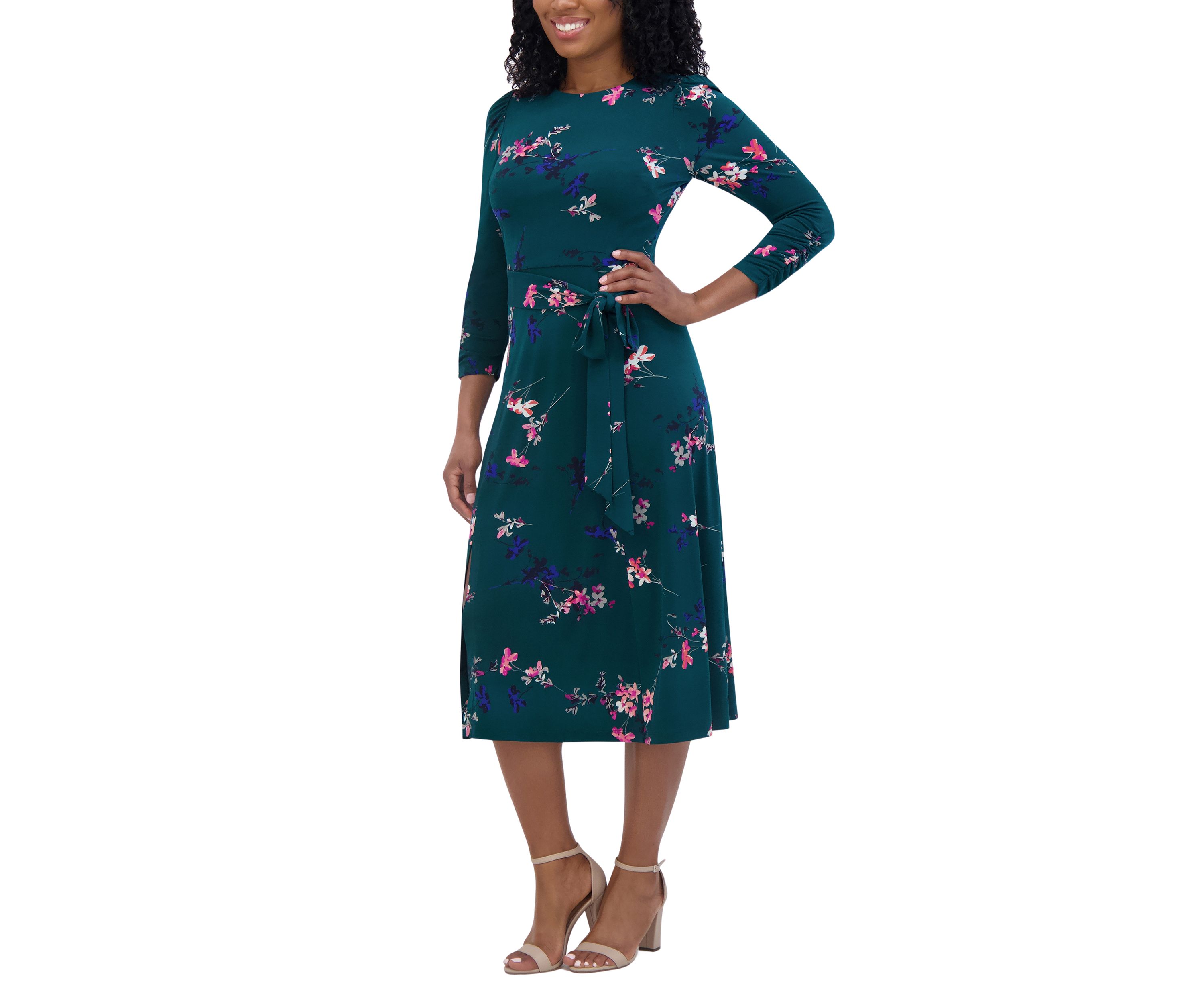 Womens 3/4 Sleeve Crew Neck Floral Print Tie Fit and Flare Dress