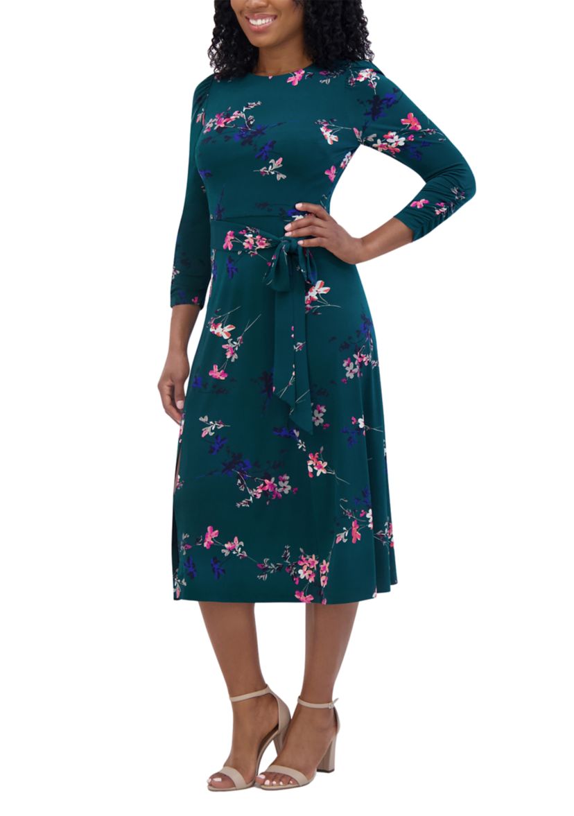 Womens 3/4 Sleeve Crew Neck Floral Print Tie Fit and Flare Dress