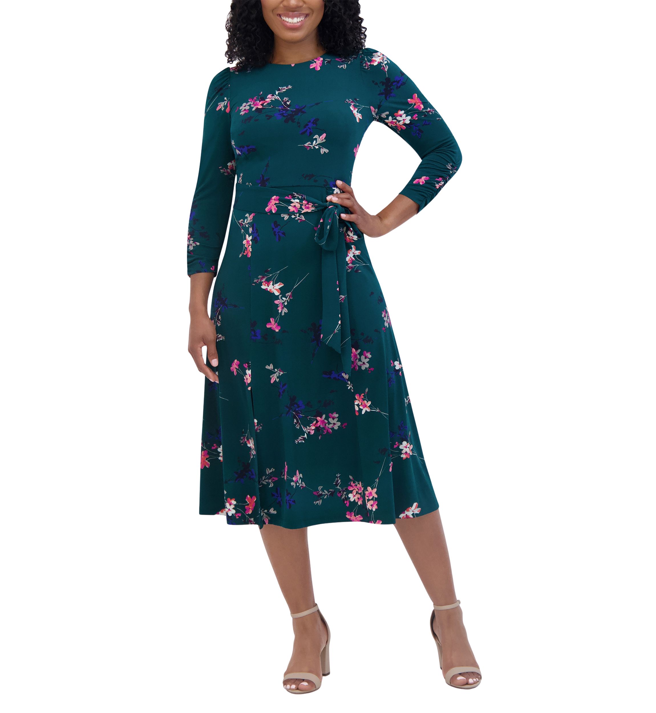 Womens 3/4 Sleeve Crew Neck Floral Print Tie Fit and Flare Dress