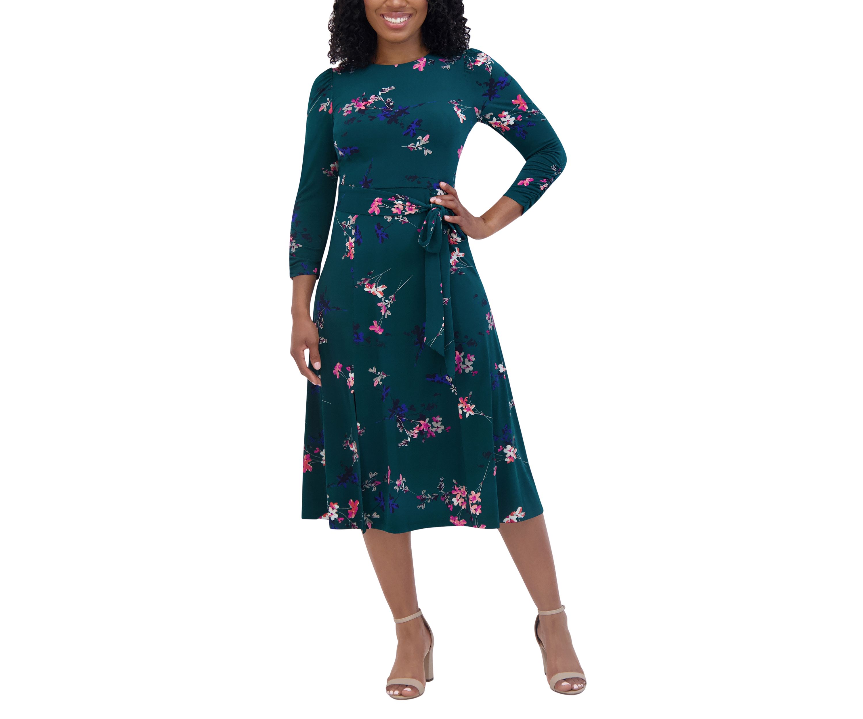 Womens 3/4 Sleeve Crew Neck Floral Print Tie Fit and Flare Dress